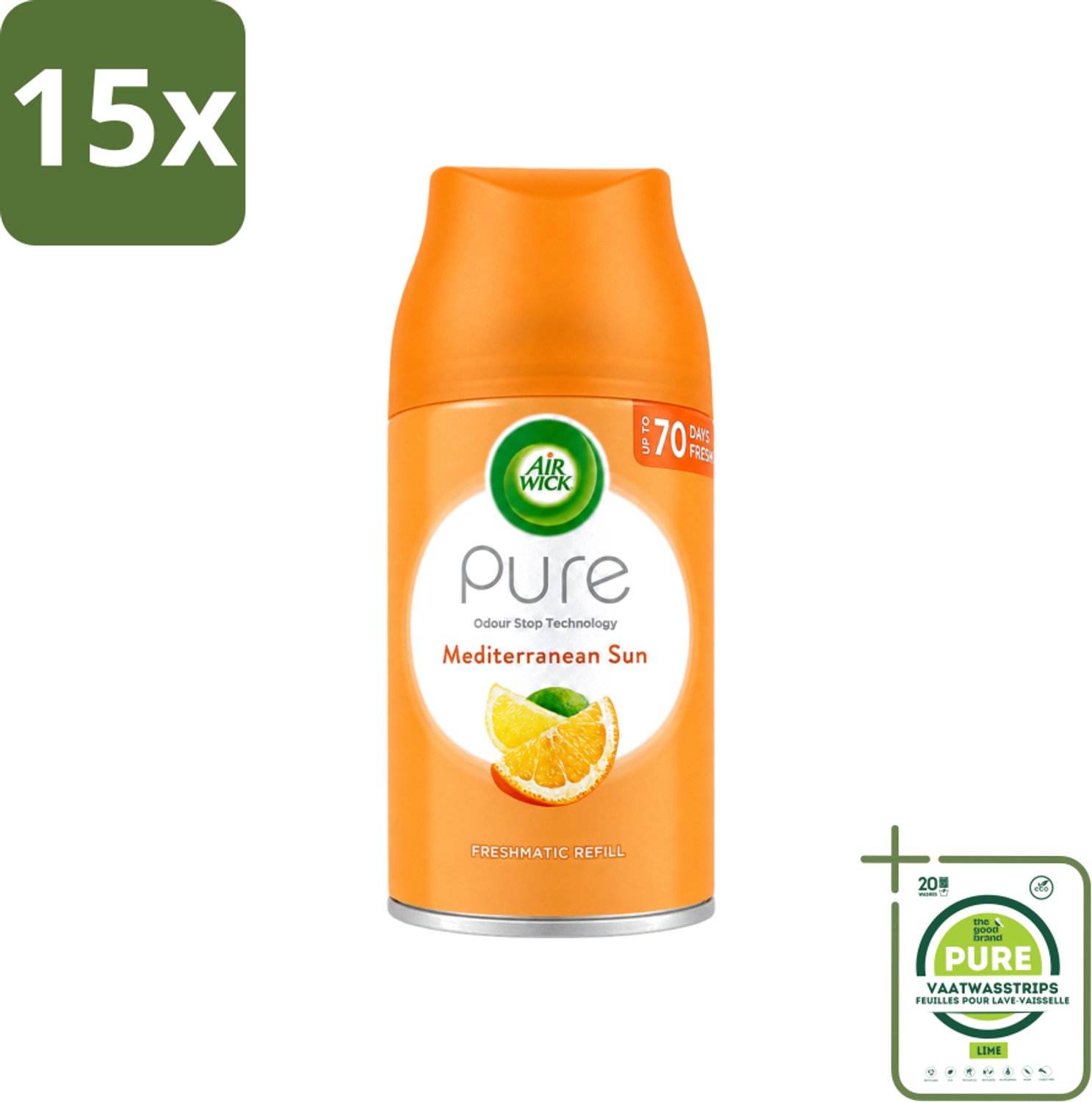 15 x Air Wick - Luchtverfrisser Navulling - Mediterrane Zon - Automatische Spray - 250 ml - Grootverpakking - Vaatwasstrips - Luchtverfrisser - Geur - Automatische Geurverspreiding - Zon - Bloemige Geur