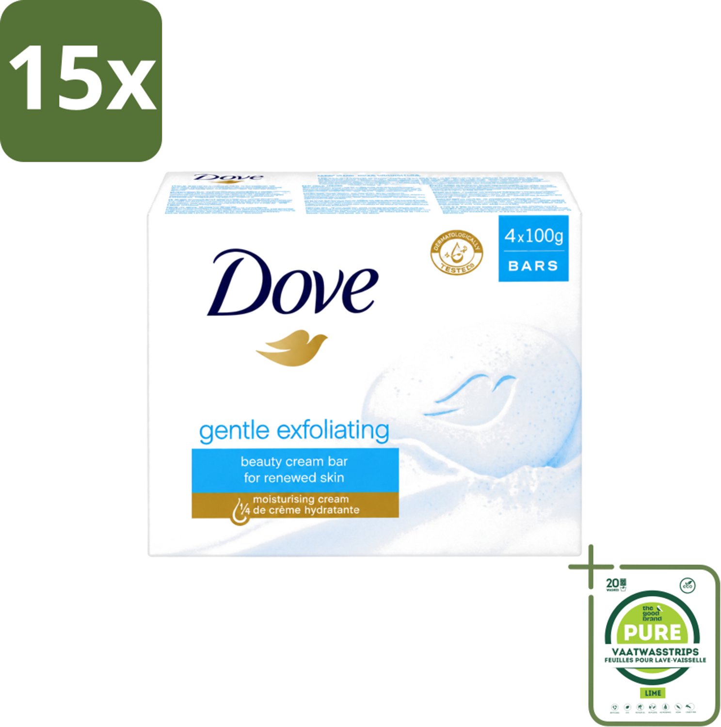 15 x Dove - Zeep - Gentle Exfoliating - Verfrissend - 4 x 100 g - Grootverpakking - Vaatwasstrips - Dove Beauty Bar - Exfoliërende Zeep - Zachte Huid - Vochtige Huid - Huidverzorging