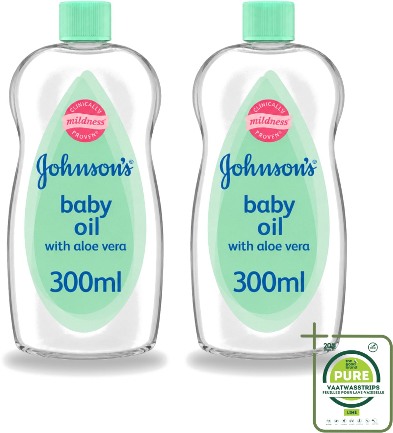 2 x Johnson's - Baby Olie - Aloe Vera - 300 ml - Grootverpakking - Vaatwasstrips - Babyolie - Aloe Vera - Babyhuid Verzorging - Melkkorst Verwijderen - Hydraterende Olie