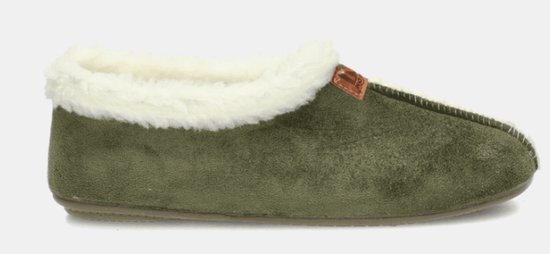 Olijfgroene pantoffel met witte voering van imitatiebont en een klein bruin 'Nortenas' label op de wreef.
