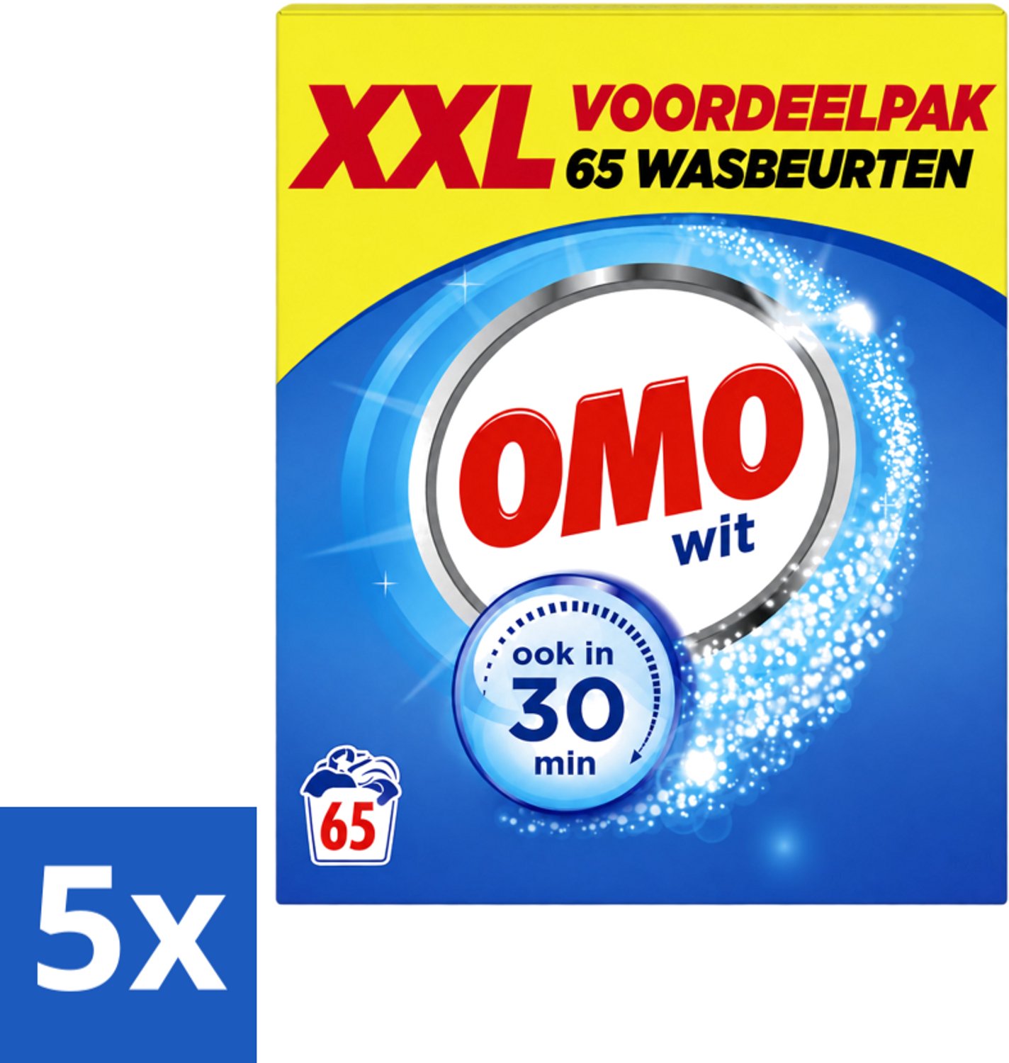 5 x Omo - Waspoeder - Wit - Stralend schoon - Ook in 30 min - 5 kg - 65 Wasbeurten - Voordeelverpakking - 5 stuks