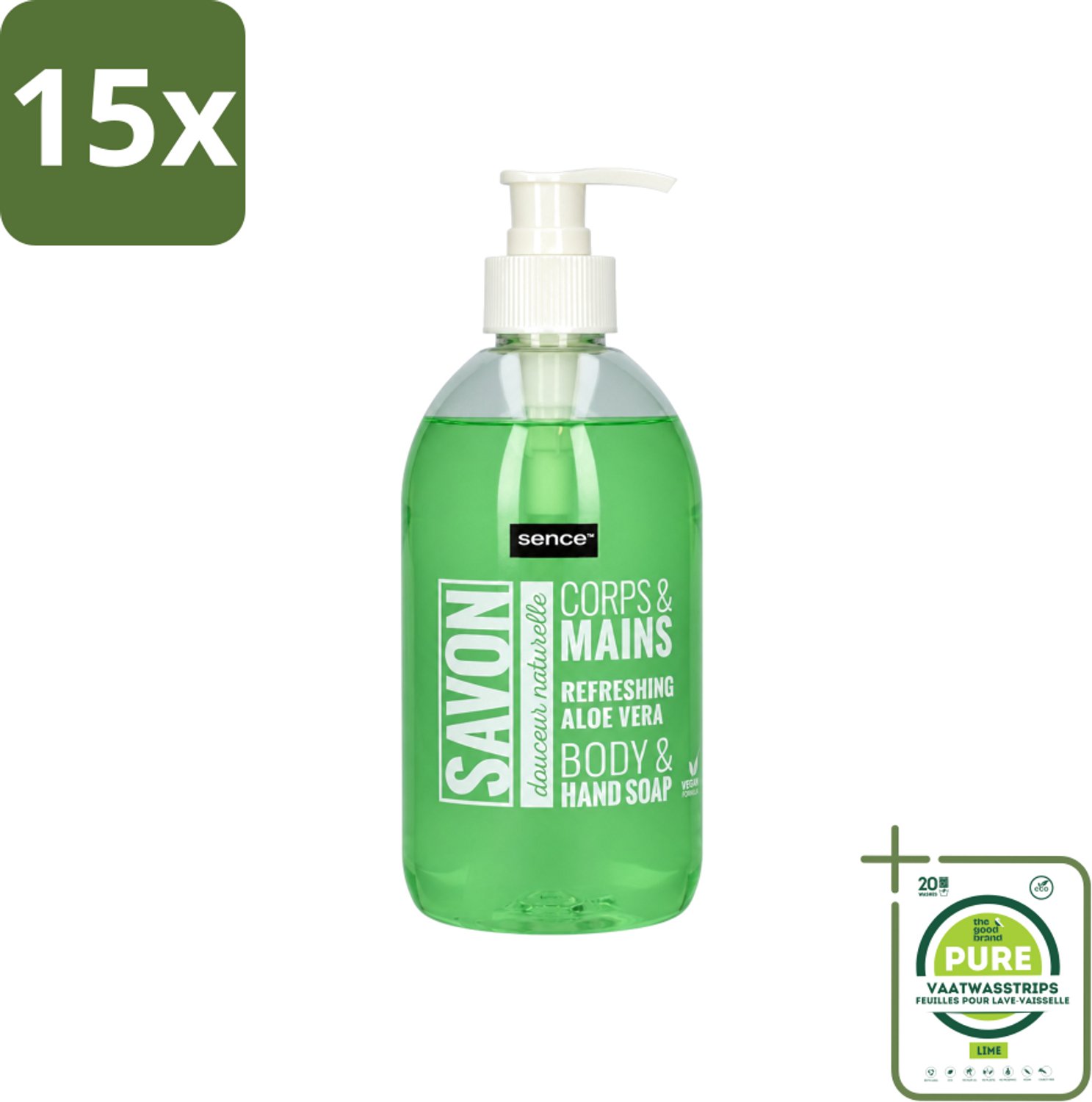 15 x Sence - Refreshing Aloe Vera - Handzeep - Savon - 500 ml - Grootverpakking - Vaatwasstrips - Aloe Vera Handzeep - Handverzorging - Frisse Handen - Hydraterende Handzeep - Mild Handzeep