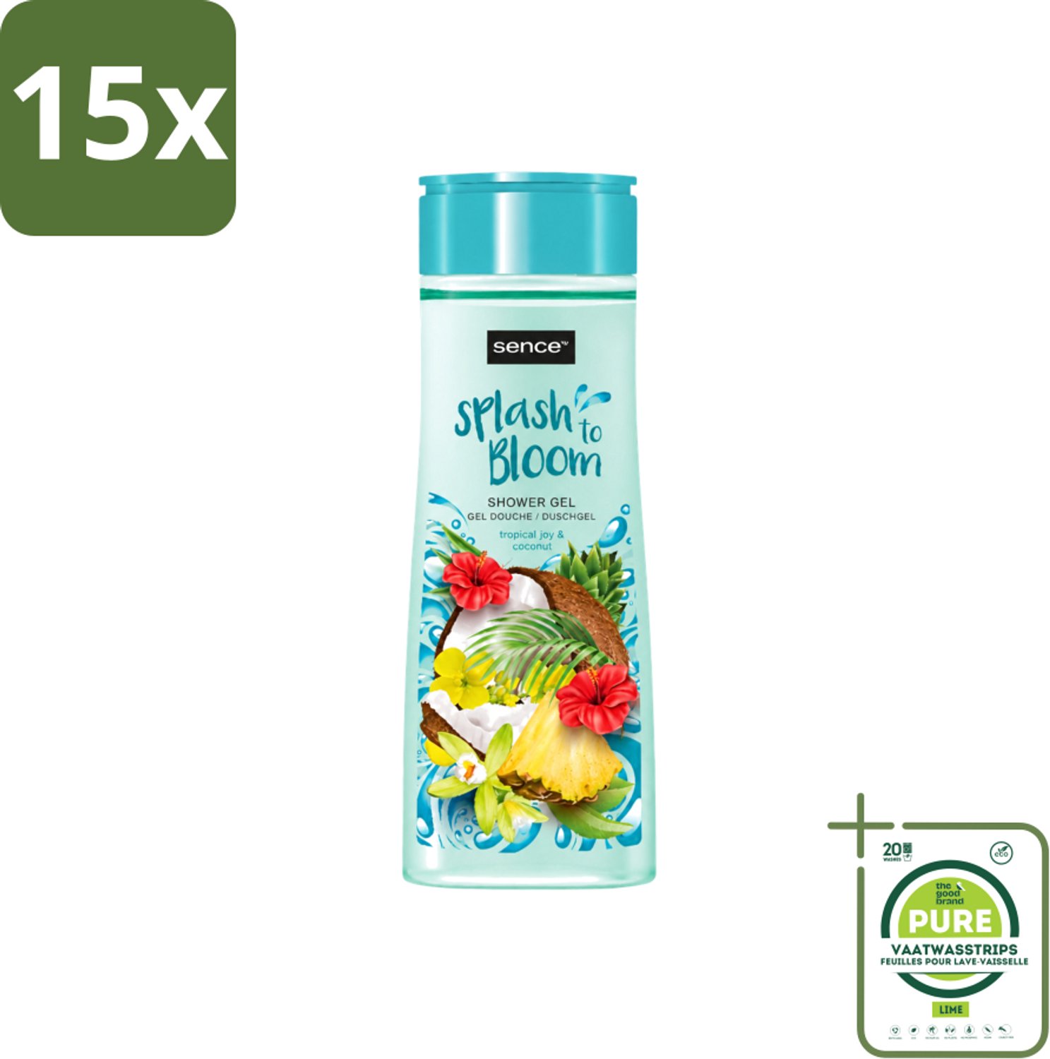 15 x Sence - Tropical Joy & Coconut - Douchegel - Exotisch - 300 ml - Grootverpakking - Vaatwasstrips - Douchegel Kokos - Tropische Geur - Zachte Reiniging - Huid Verzorging - Exotische Geur