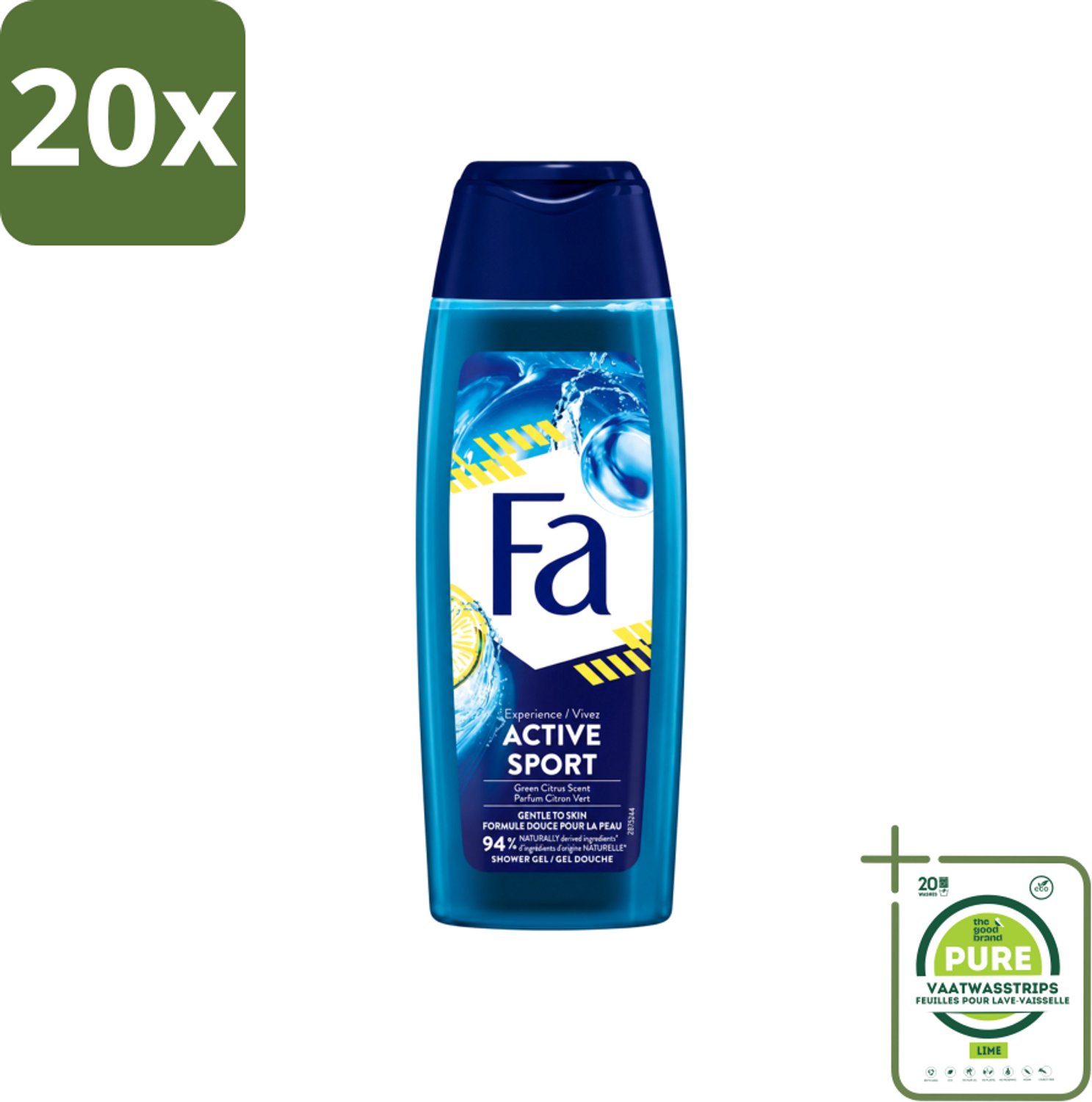 20 x Fa Men - Douchegel - Active Sport - Verfrissend - Green Citrus - 250 ml - Grootverpakking - Vaatwasstrips - Deodorant Spray - Sport Deodorant - 48 Uur Bescherming - Zweet En Geur - Verfrissende Geur
