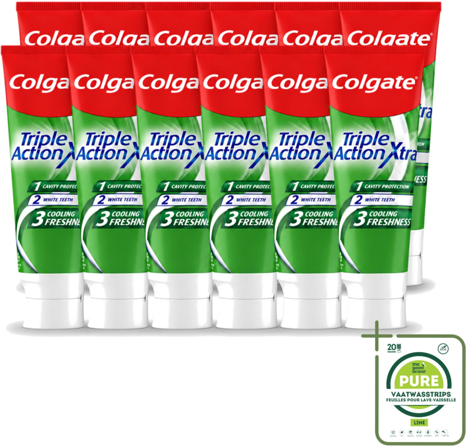 12 x Colgate - Triple Action - Xtra Fresh - Tandpasta - 75ml - Grootverpakking - Vaatwasstrips - Tandpasta - Gaatjes - Tanden - Frisse Adem - Witte Tanden
