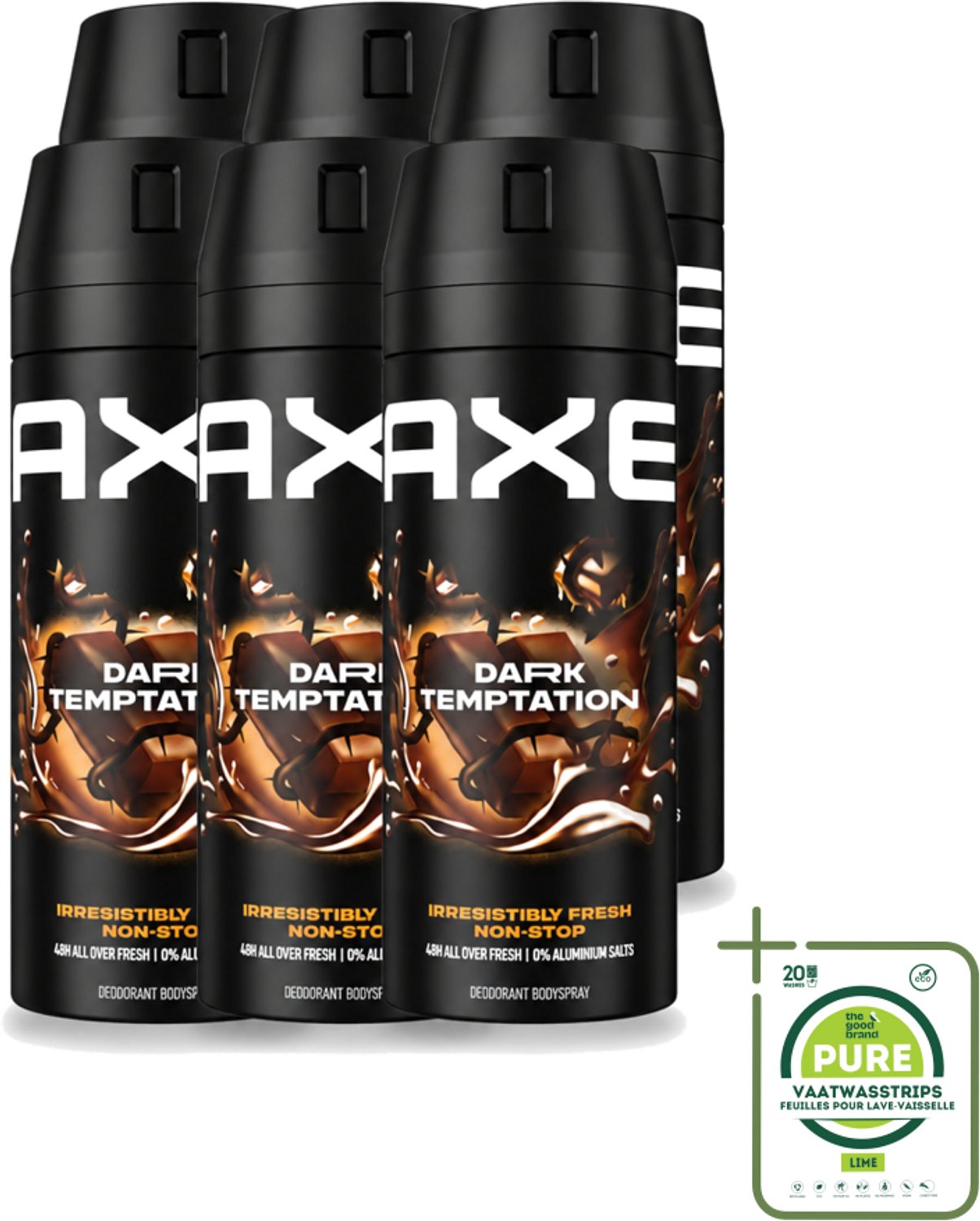 6 x Axe - Deodorant Bodyspray - 48hrs Non Stop Fresh - Dark Temptation - Dark Chocolate - 150 ml - Grootverpakking - Vaatwasstrips - Deodorant Bodyspray - Geurbeheersing - Frisheid - Lichaamsgeur - Donkere Chocolade