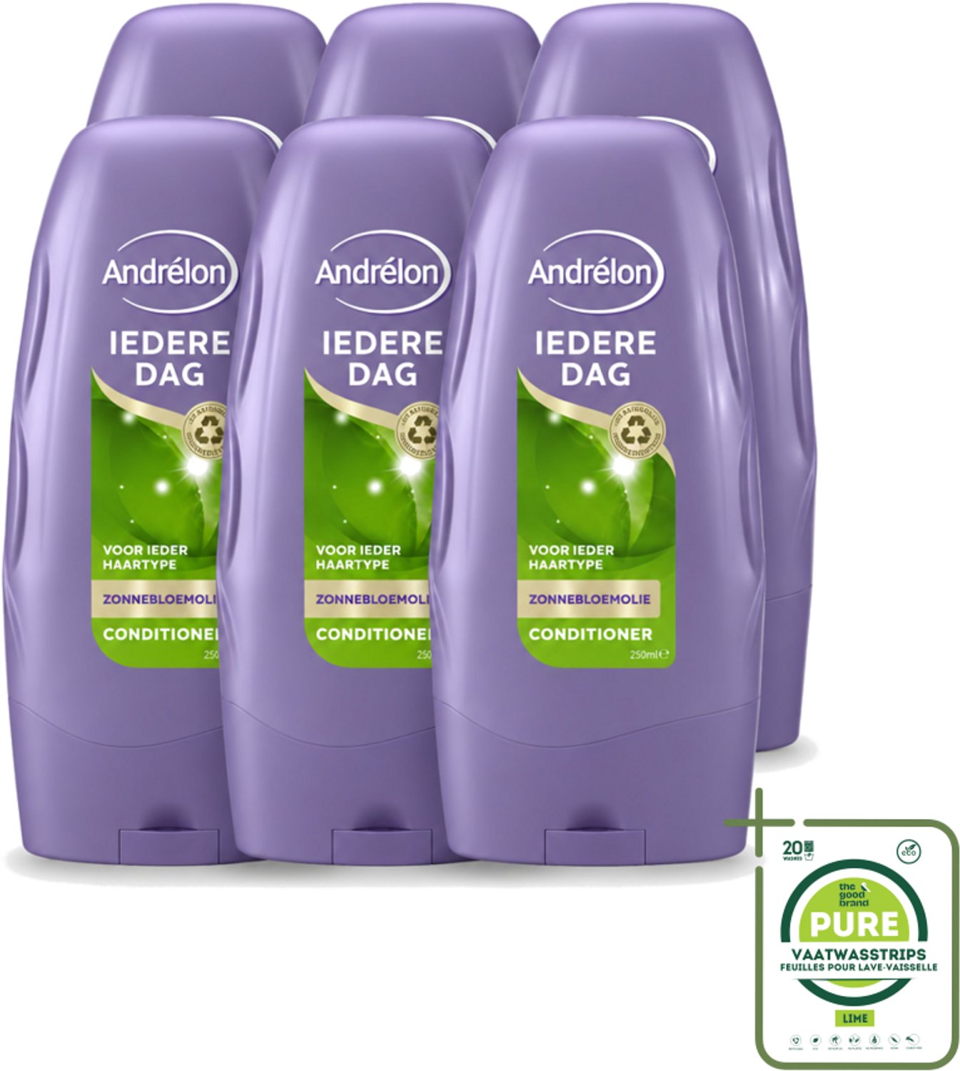 6 x Andrélon - Iedere Dag - Conditioner - Voor Dagelijks Gebruik - 250 ml - Grootverpakking - Vaatwasstrips - Haarkleur - Haarverzorging - Haarconditioner - Zonnebloemolie - Gezond Haar