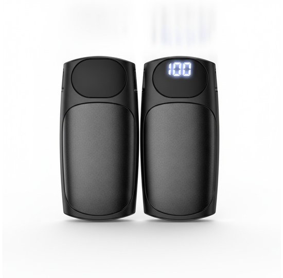 Twee zwarte, compacte handwarmers, waarvan één met een digitaal display dat 100 aangeeft.