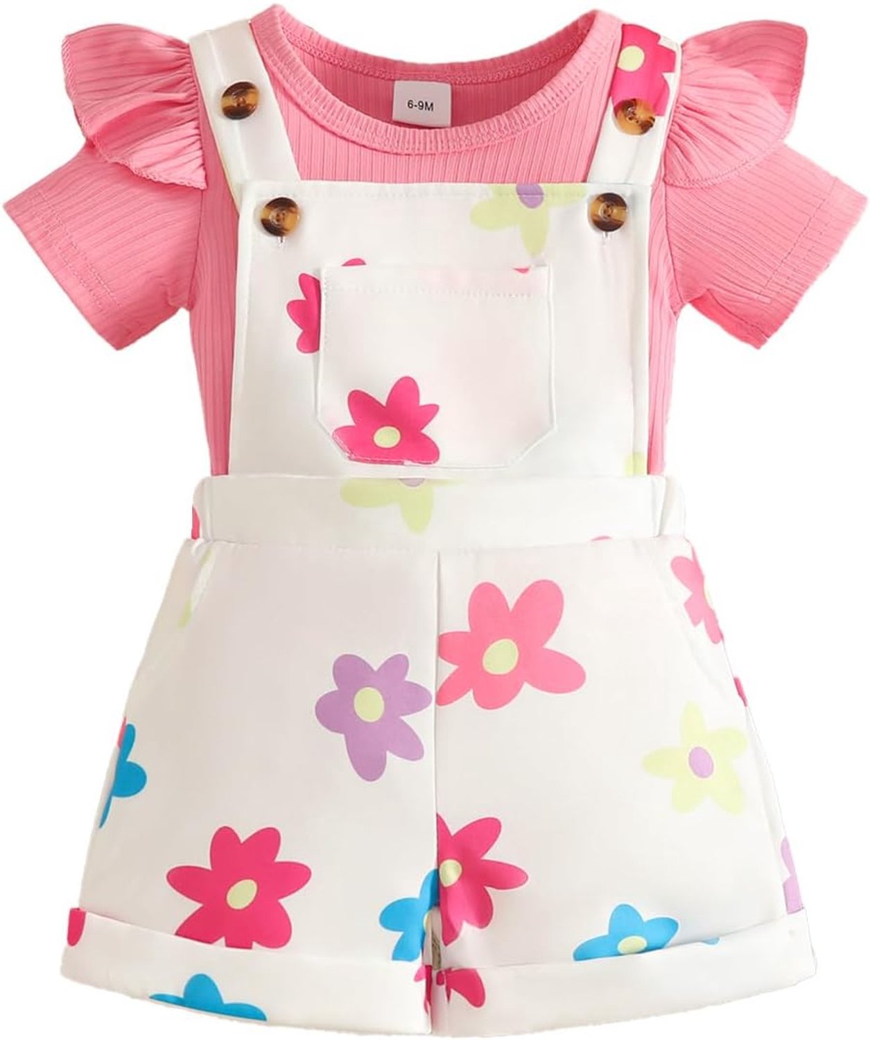 Mouwloos, geribbeld, bovenstuk, shorts met bretels en bloemenpatroon, pasgeborenkleding voor meisjes