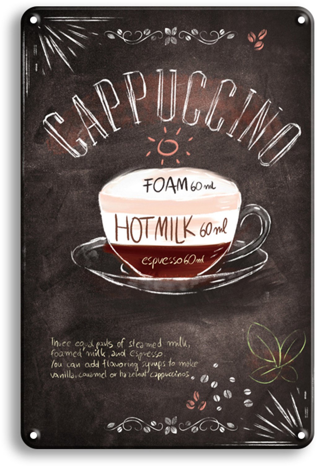 Cappuccino – Metalen Wandbord 30x20cm – Koffie Tekstbord – Keuken Wanddecoratie – Vintage Retro Koffiebar Decoratie