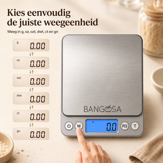 Bangosa weegschaal die verschillende meeteenheden ondersteunt zoals g, oz, ozt, dwt, ct en gn.