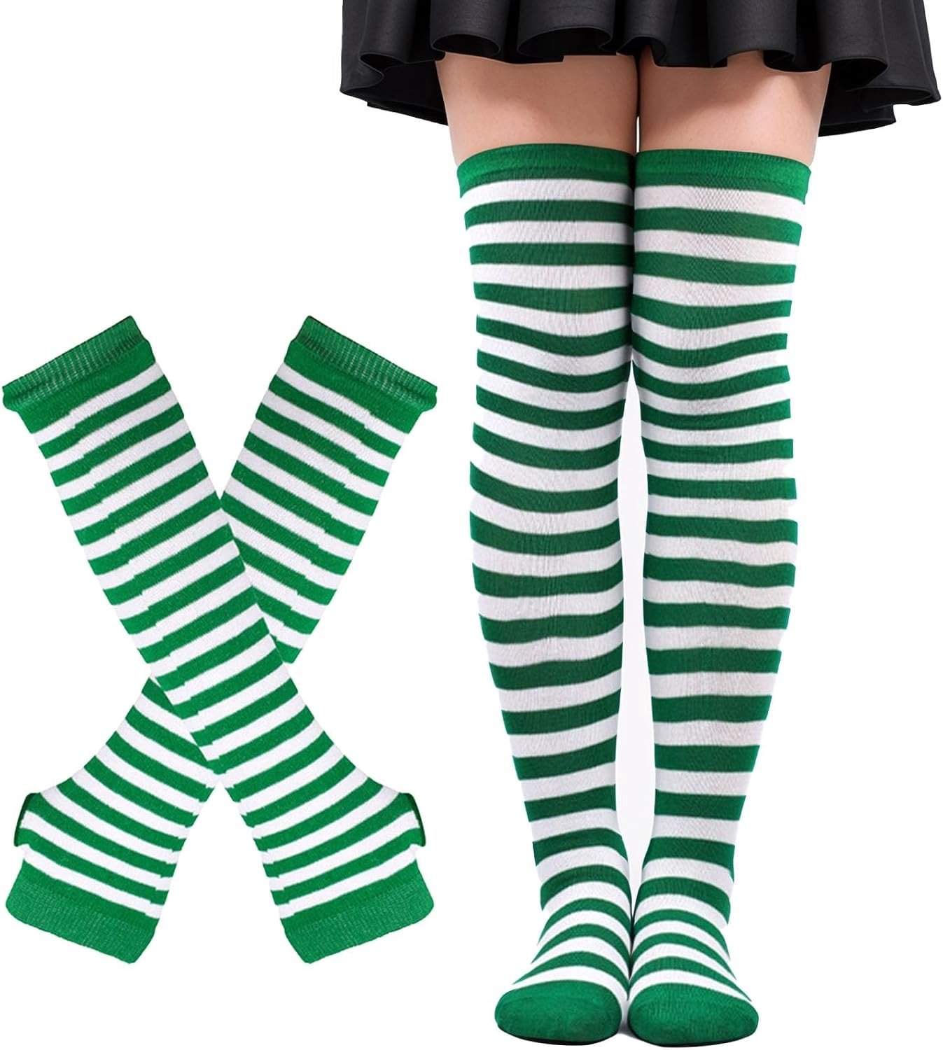 Gestreepte lange kniekousen en gebreide handschoenen set voor feestoutfits en kostuums
