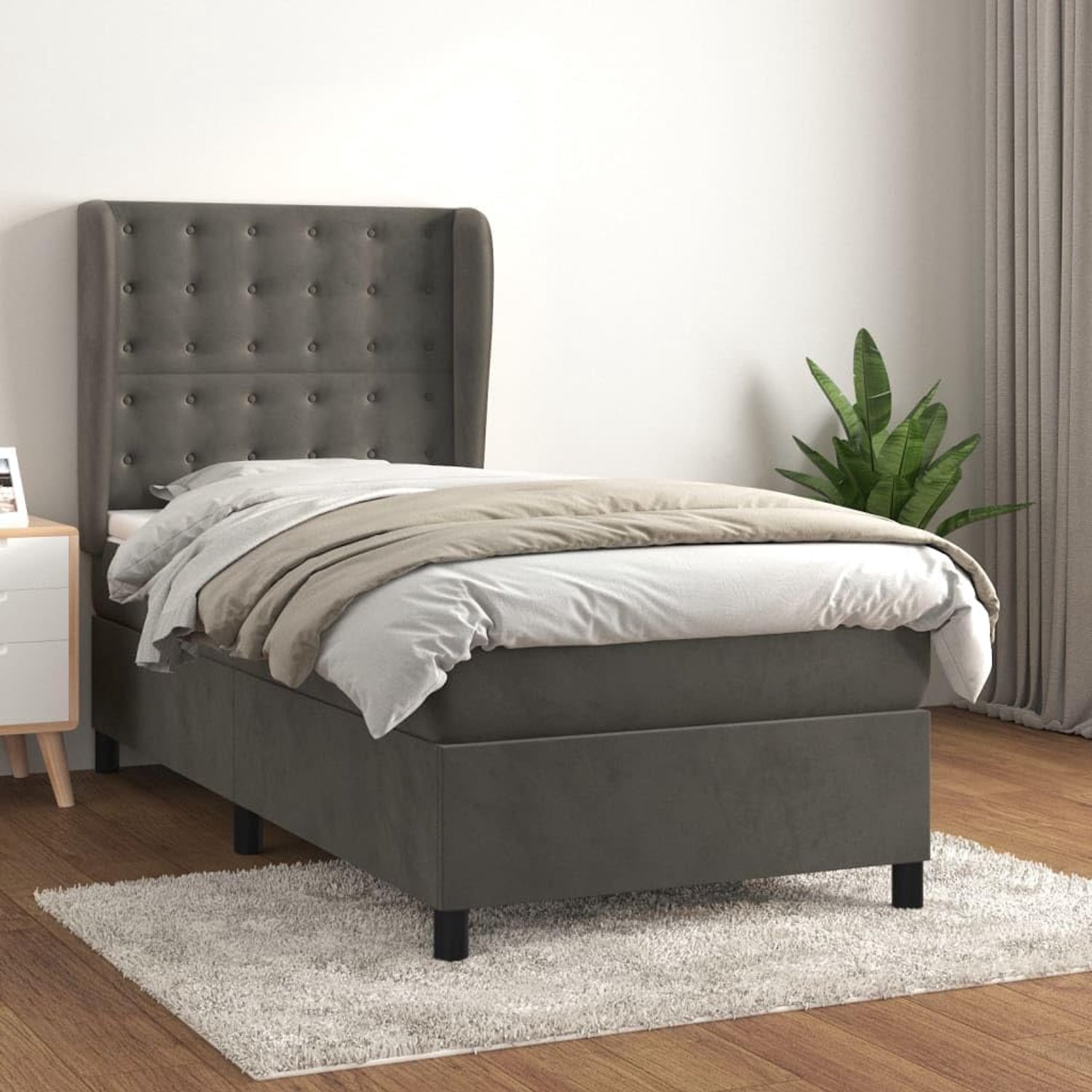 Boxspring met matras fluweel donkergrijs 100x200 cm zacht luxe bed met verstelbaar hoofdbord pocketvering matras middelhard slaapcomfort voor rug- en buikslapers