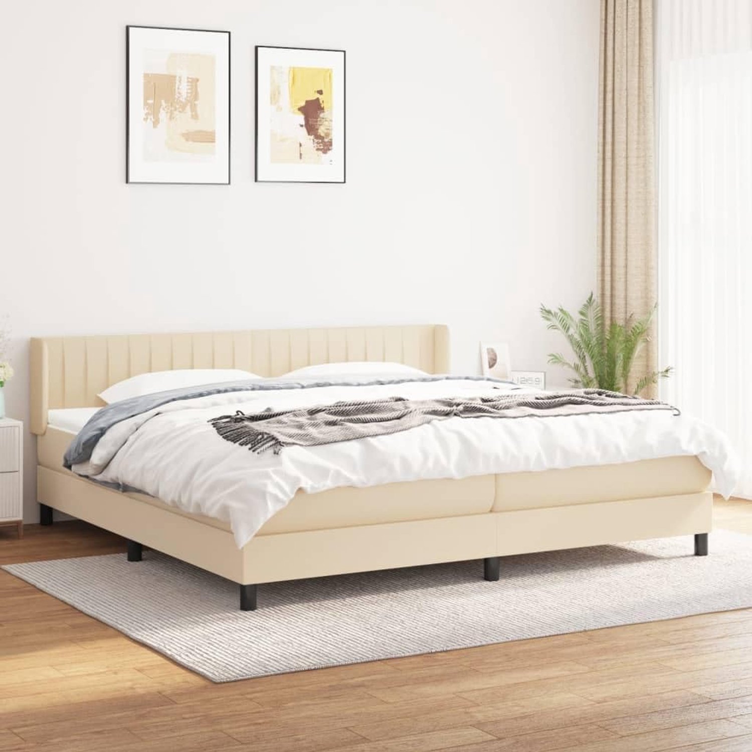 Boxspring met matras stof crèmekleurig 200x200 cm verstelbaar hoofdeinde pocketvering matras middelhard ondersteuning huidvriendelijk