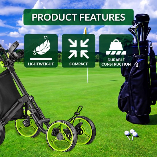 Golf Trolley 4 Wielen – Opvouwbaar – Verstelbare Handgreep & Voorwielen – Voetrem – Paraplu-, GPS- & Drinkhouder — afbeelding 3