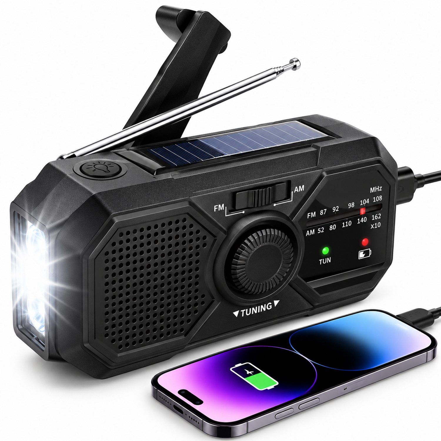 Nina's Giftshop Noodradio Solar & Hand-Crank – Zaklamp – Powerbank – AM/FM – Noodpakket – Oplaadbaar – Voor Camping & Stroomuitval - Zwart