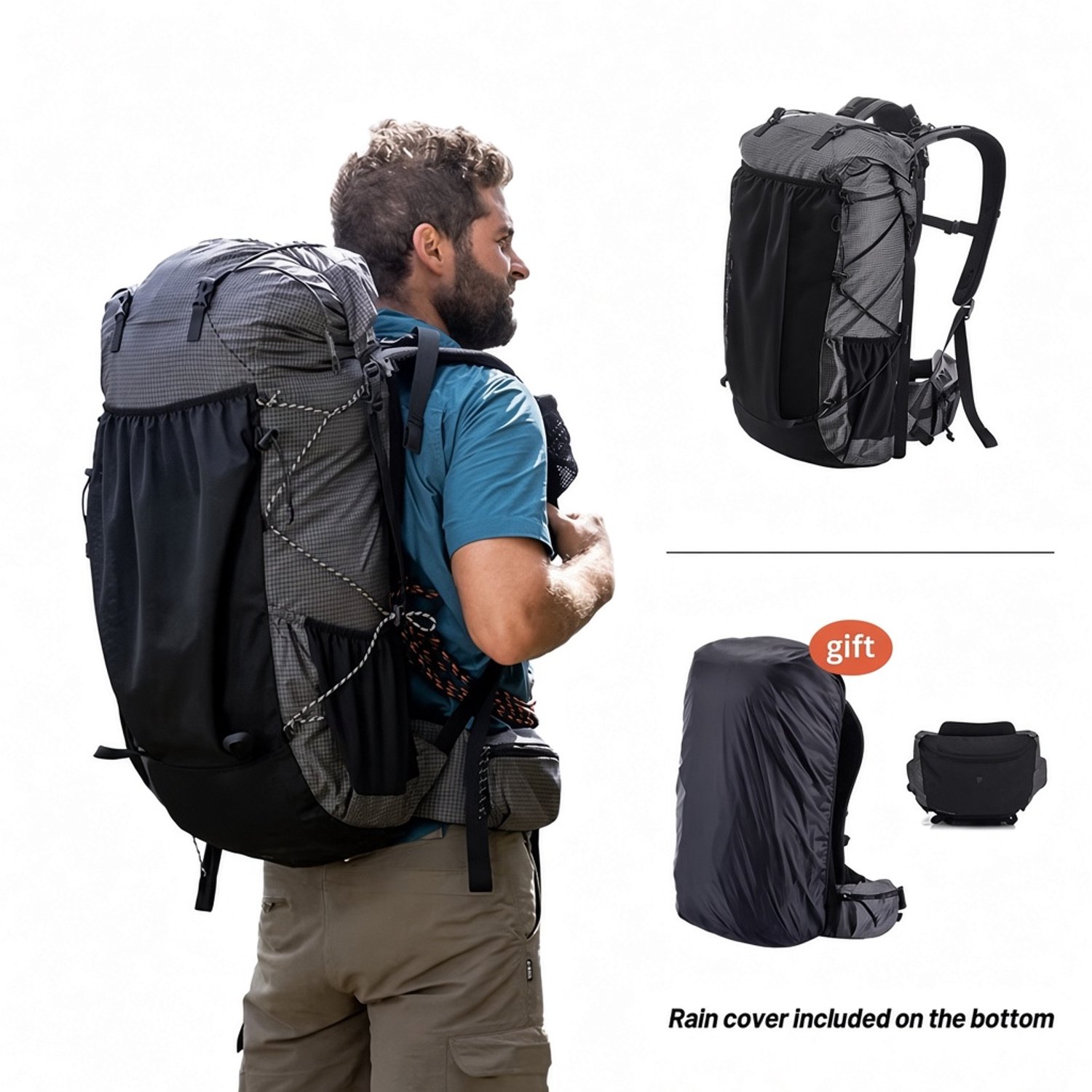 Atlasyx rugzak - Tas - Wandelrugzak - Grote rugzak - Rugzak regenhoes - Hiking rugzak - 60 liter - Ademend - 67 x26x 18 cm - Zwart