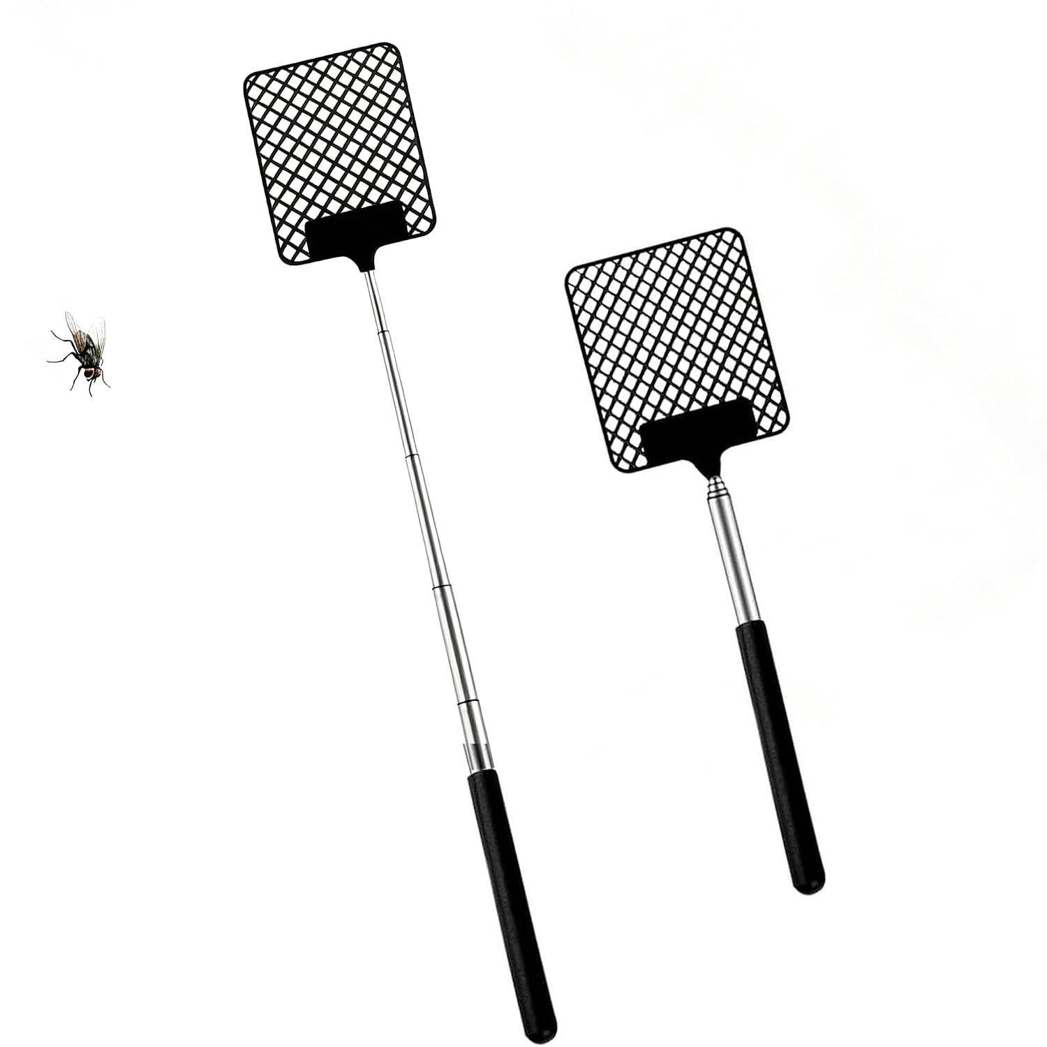 Effectieve vliegenmepper met uitschuifbare steel, roestvrij staal en kunststof, ideaal voor huishoudelijk gebruik en insectenbestrijding