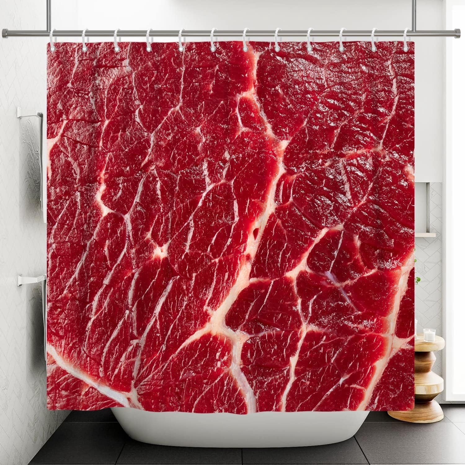 180 x 200 cm Rauw Vlees Douchegordijn Rode Steak Rundvlees Douchegordijnen Levensechte Raw Food Badkamer Gordijn Halloween Douchegordijn Waterdicht Bad Gordijn voor Badkamer Decor