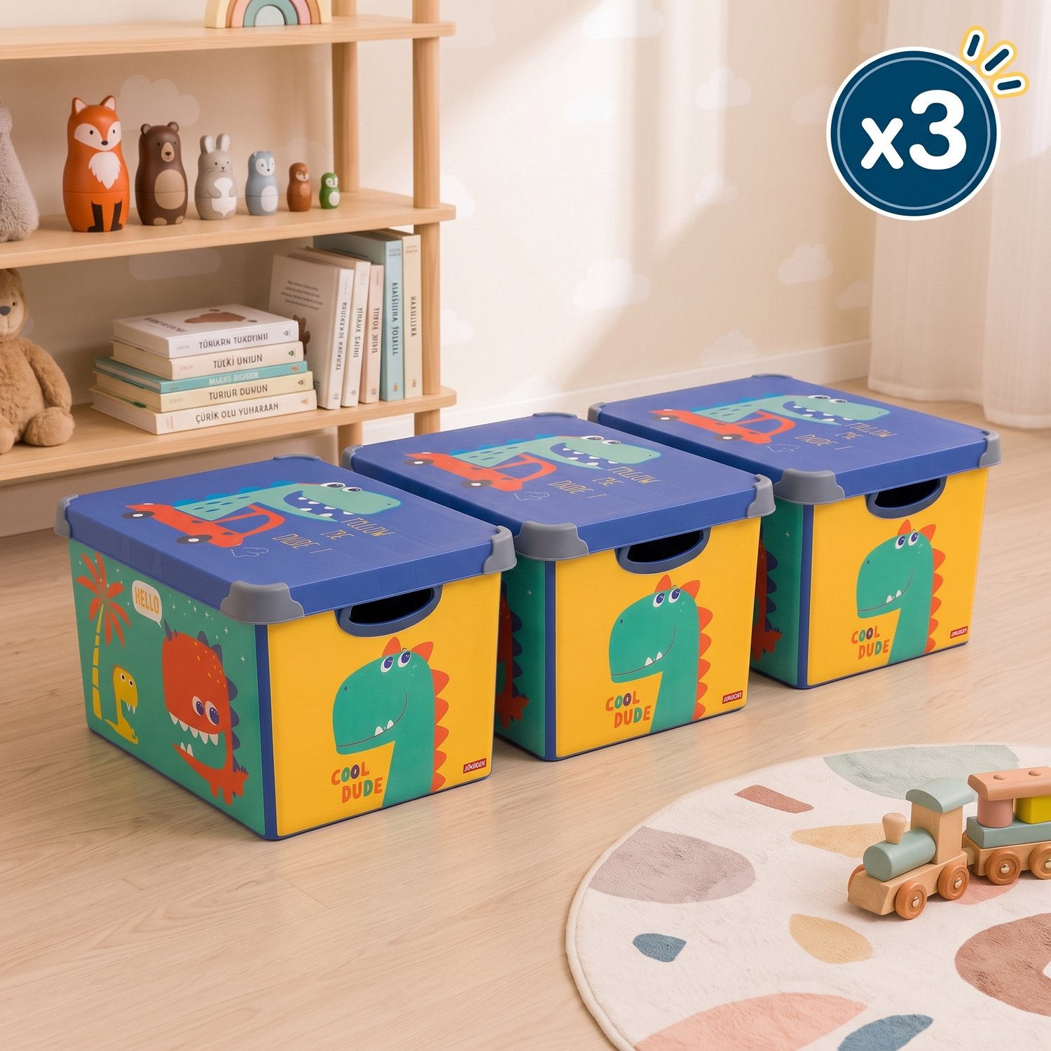 INDECOR Speelgoedbox 17 Liter Set van 3 met Deksel – Dinosaurusmotief – BPA vrije Stapelbare Opbergboxen met Handgrepen - Voor Speelgoed, Kleding en Accessoires