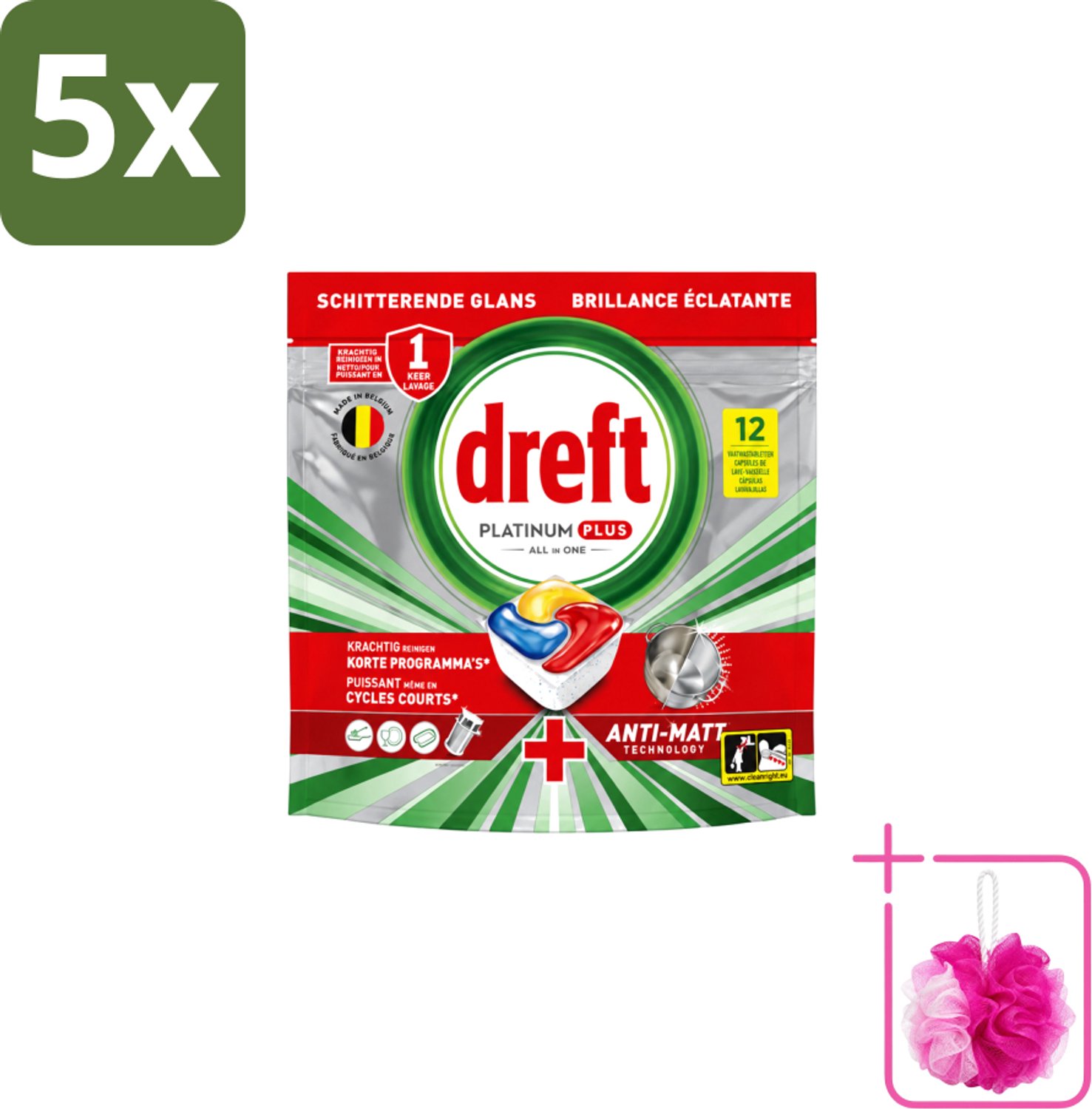5 x Dreft – Vaatwastabletten – Platinum Plus All-in-One – Lemon – 12 Tabletten - Bulkverpakking - Vaatwasmiddelen - Douchemop - Vaatwastabletten