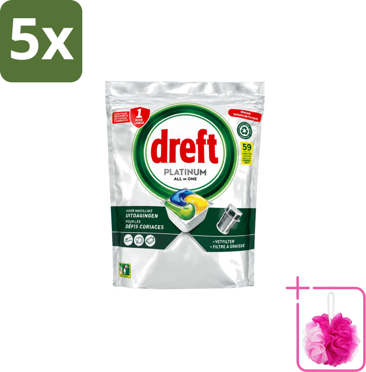5 x Dreft – Vaatwastabletten – All-in-One Platinum – Lemon – 59 Tabletten - Bulkverpakking - Vaatwastabletten - Douchemop - Vaatwasser