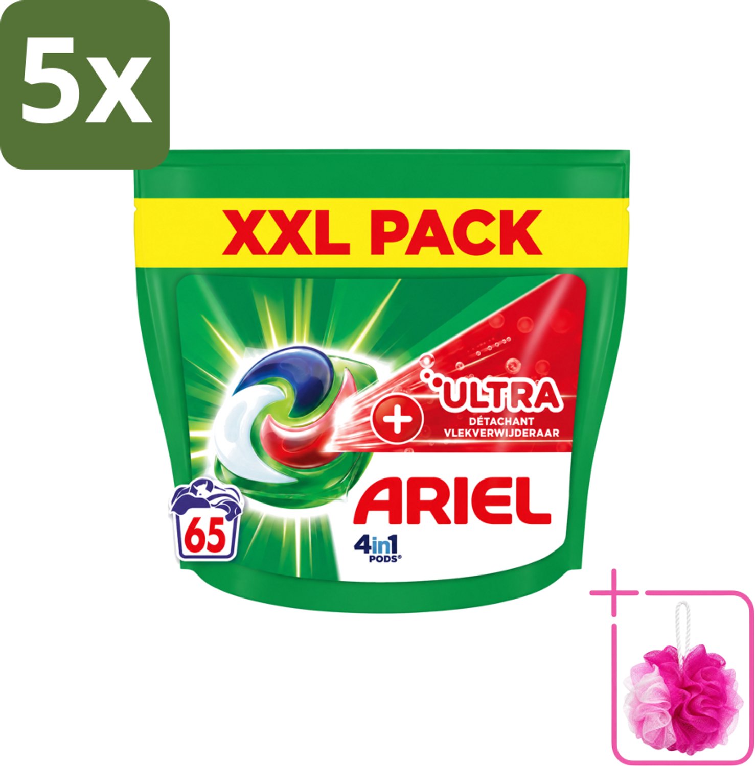 5 x Ariel – 4in1 Pods – Ultra Vlekverwijderaar – 65 wasbeurten - Bulkverpakking - Vlekverwijderaar wasmiddel - Douchemop - Krachtige waspods
