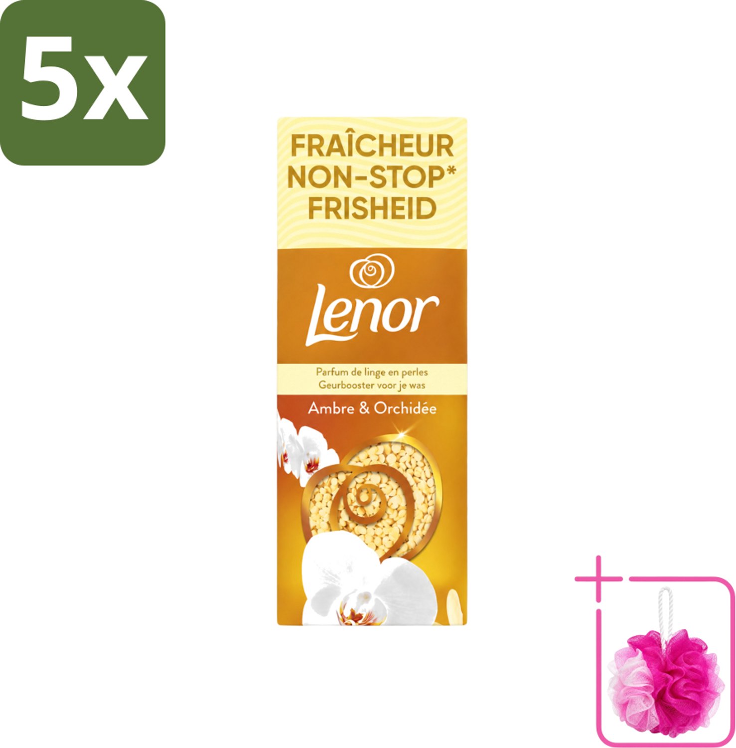 5 x Lenor – Geurbooster – Amber & Orchidee – 12 Wasbeurten – 155 g - Bulkverpakking - Geurparels - Douchemop - Wasgeur