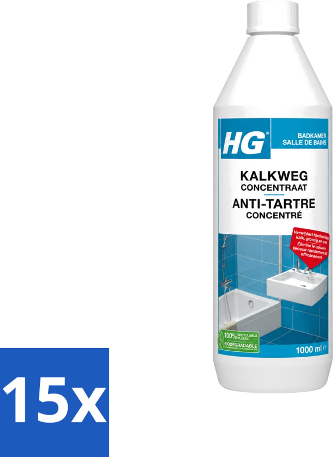 15 x HG - Badkamer - Kalkweg Concentraat - Verwijdert Hardnekkige Kalk - 1L - Voordeelverpakking - 15 stuks