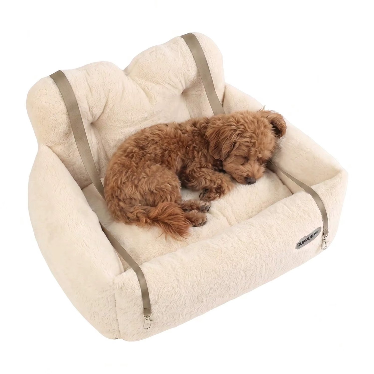 CreateEcom autostoel hond - automand hond - hondenstoel auto - luxe reismand voor huisdieren met 2 verstelbare riemen - voor-/achterbankkussen voor puppy's & katten - binnen- en buitengebruik - 44x35 cm - beige