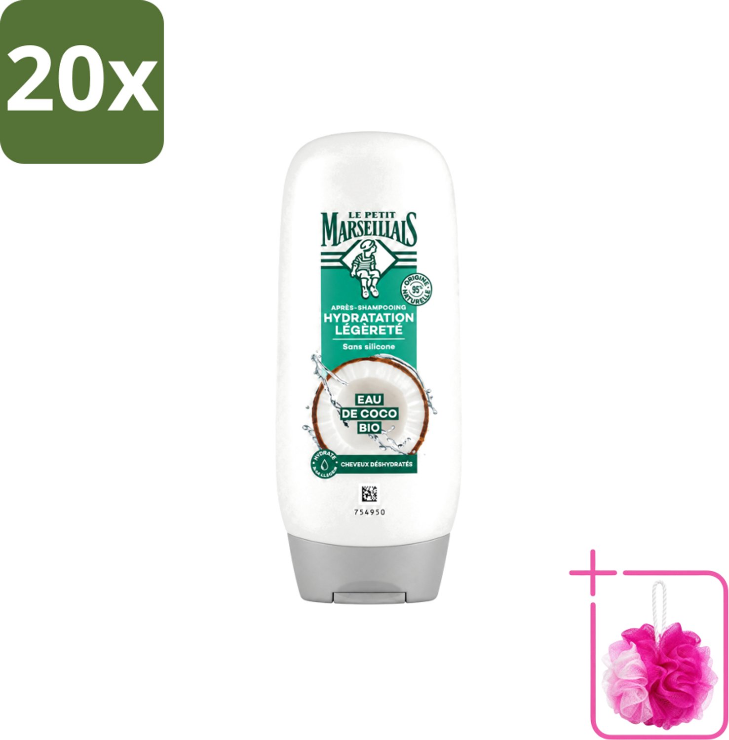 20 x Le Petit Marseillais – Conditioner – Eau de Coco Bio – 250 ml - Bulkverpakking - Conditioner kokoswater - Douchemop - Hydraatatie haar