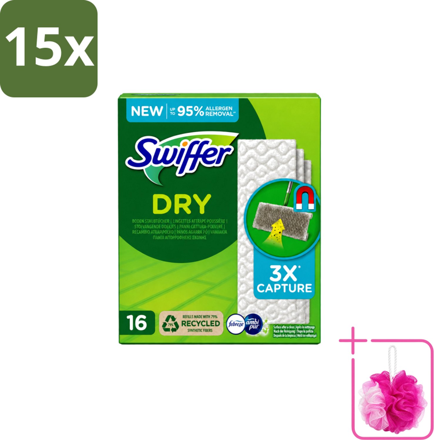 15 x Swiffer – Vloerdoekjes – Dry Navullingen – 16 doekjes - Bulkverpakking - Vloerreiniger - Douchemop - Droge doekjes