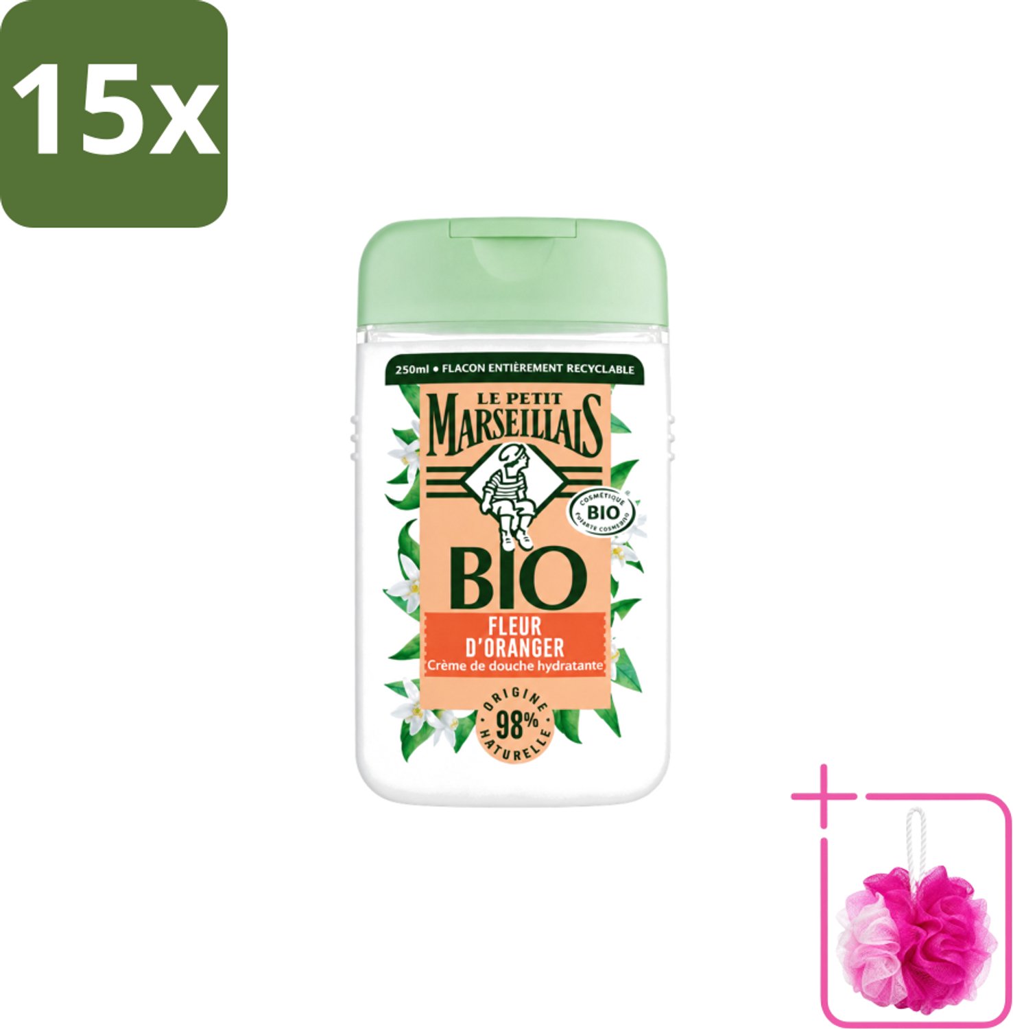15 x Le Petit Marseillais – Douchegel – Fleur d’Oranger – 250 ml - Bulkverpakking - Douchegel oranje bloesem - Douchemop - Oranje bloesem geur