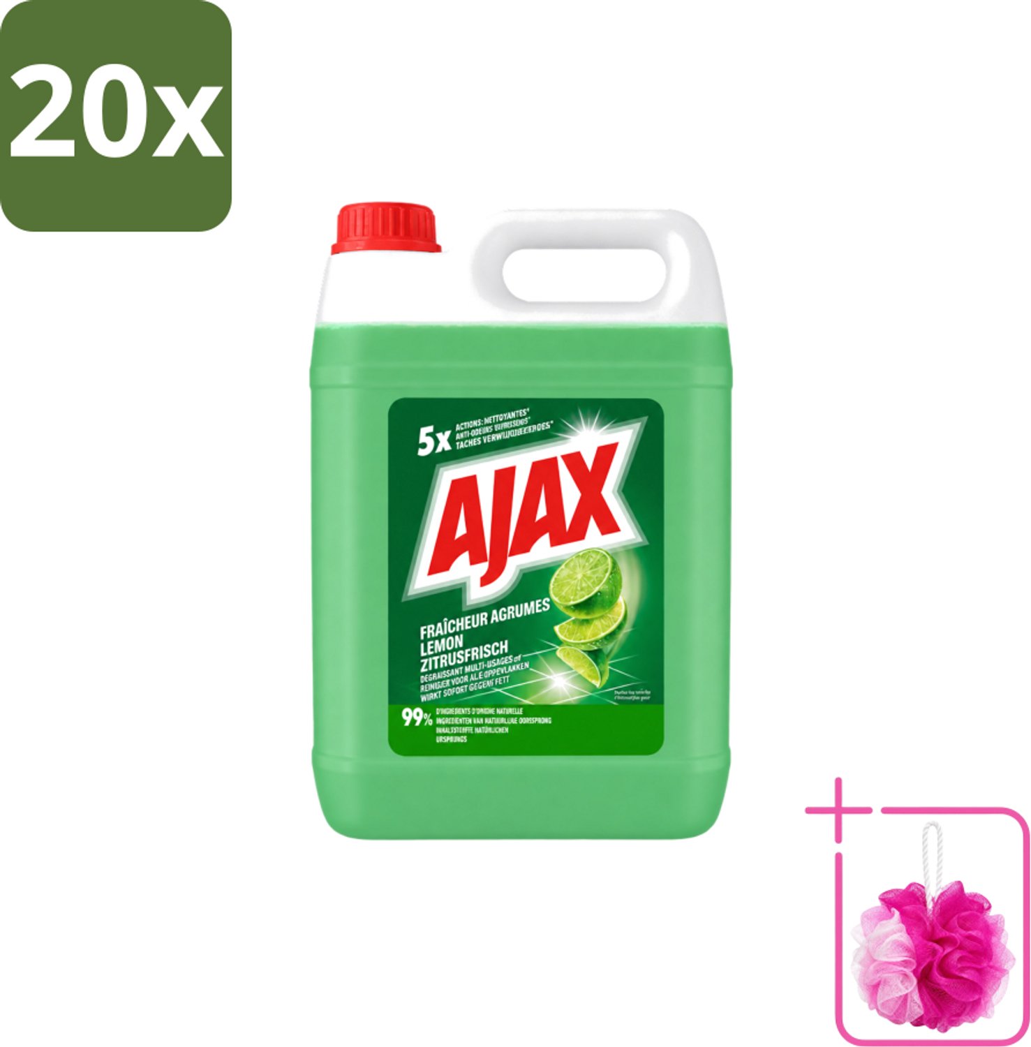 20 x Ajax – Allesreiniger – Limoen – 5000 ml - Bulkverpakking - Allesreiniger limoen - Douchemop - Krachtige reiniger