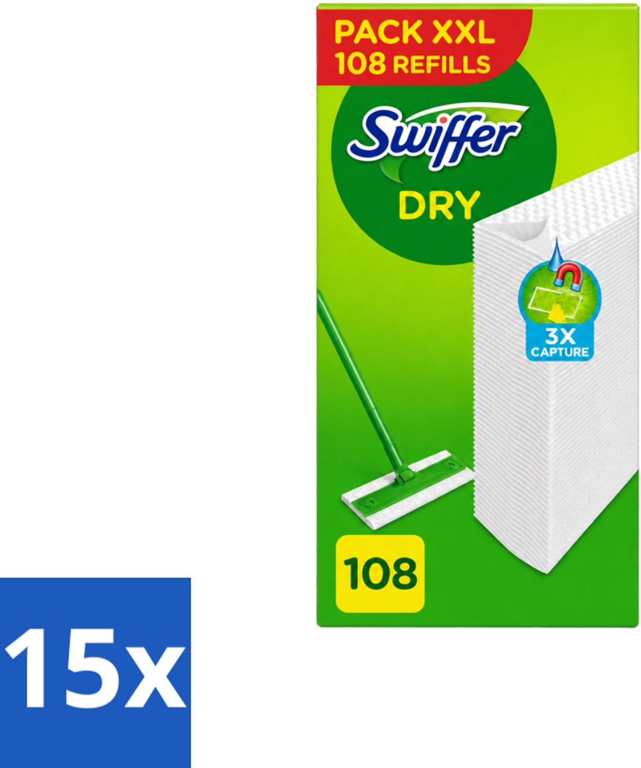 15 x Swiffer – Vloerdoekjes – Dry Navullingen – 108 doekjes - Voordeelverpakking - 15 stuks