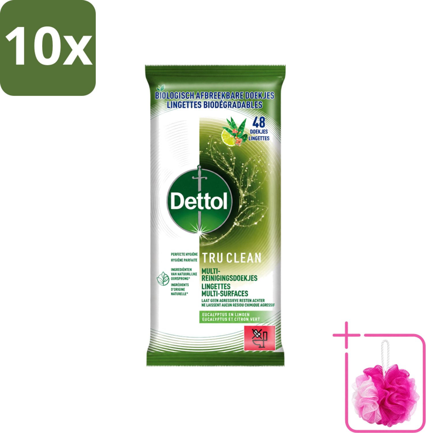 10 x Dettol Tru Clean - Multi-reinigingsdoekjes - Eucalyptus & Limoen - Biologisch Afbreekbaar - 48 Stuks - Bulkverpakking - Dettol tru clean - Douchemop - Reinigingsdoekjes