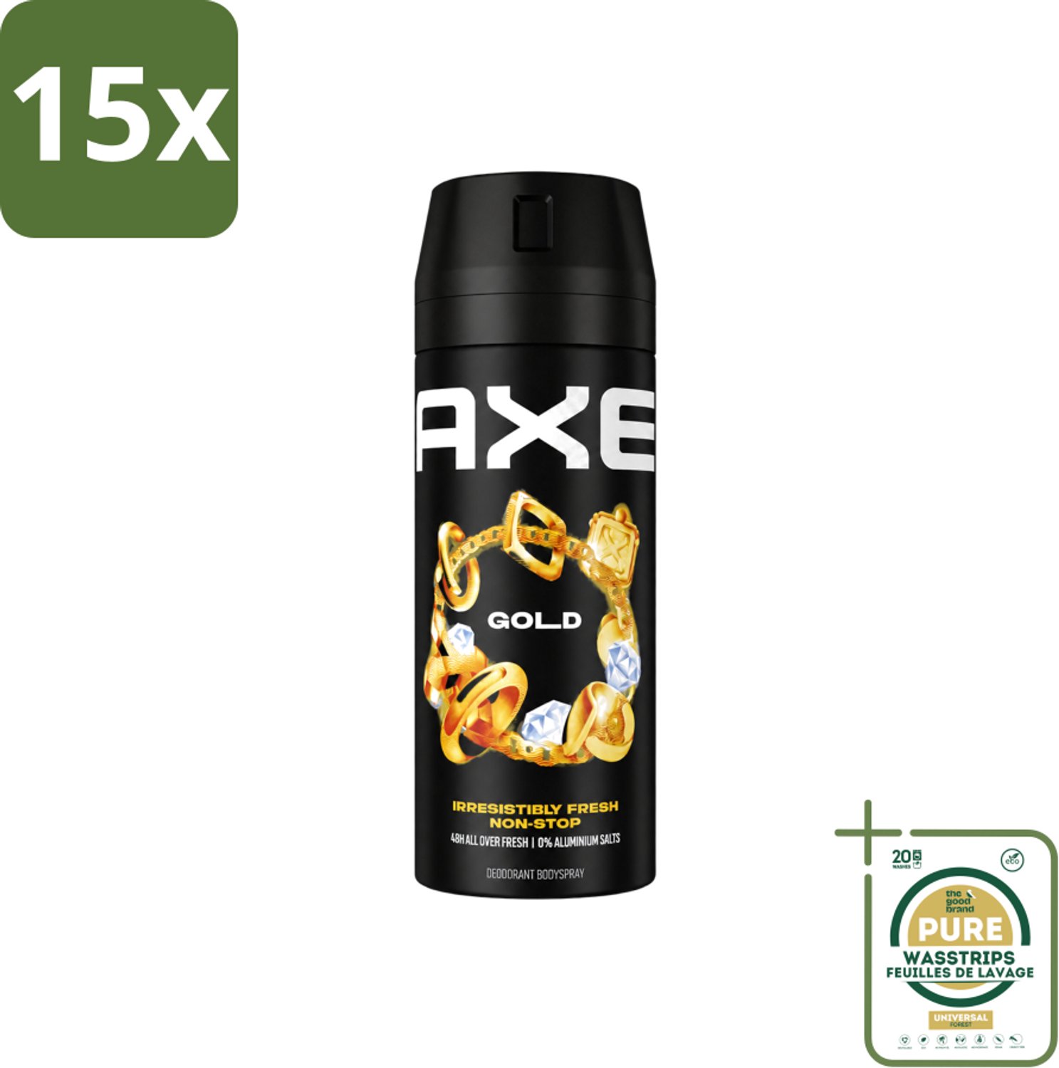 15 x Axe - Deodorant Bodyspray - 48hrs Fresh - Gold - Oud Wood & Fresh Vanilla - 150 ml - Wasstrips - 48 Uur Geurbeleid - Deodorant Bodyspray - Oud Hout Geur - Donker Vanille - Geurbestrijdende Zinktechnologie
