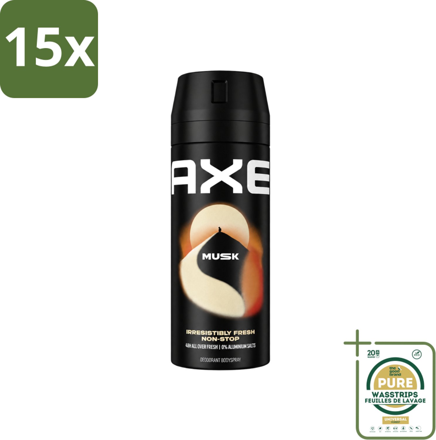 15 x Axe - Deodorant Bodyspray - 48hrs Fresh - Musk - Patchouli & Fougere - 150 ml - Wasstrips - 48 Uur Geurbescherming - Deodorant Sprayer - Zinktechnologie - Geur Van Musk - Geur Van Patchouli
