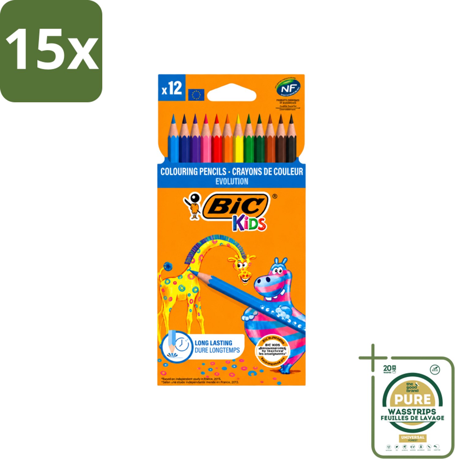 15 x Bic Kids - Kleurpotloden - Diverse Kleuren - Evolution - 12 Potloden - Wasstrips - Kleurpotloden Voor Kinderen - Kleurpotloden Evolution - Kleurpotloden Voor Jonge Kunstenaars - Duurzaam Tekenen - Creatieve Potloden