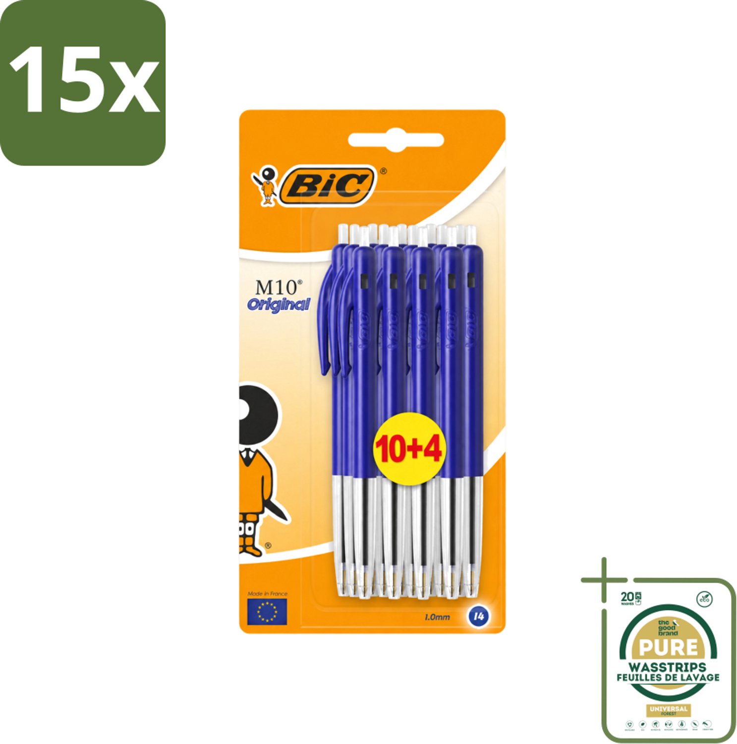 15 x BIC - M10 Original - Balpennen met Kliksysteem - Blauw - 1 mm Punt - 14 Pennen - Wasstrips - Balpen - Schrijfset - Balpen Set - BIC M10 - Balpen Blauw