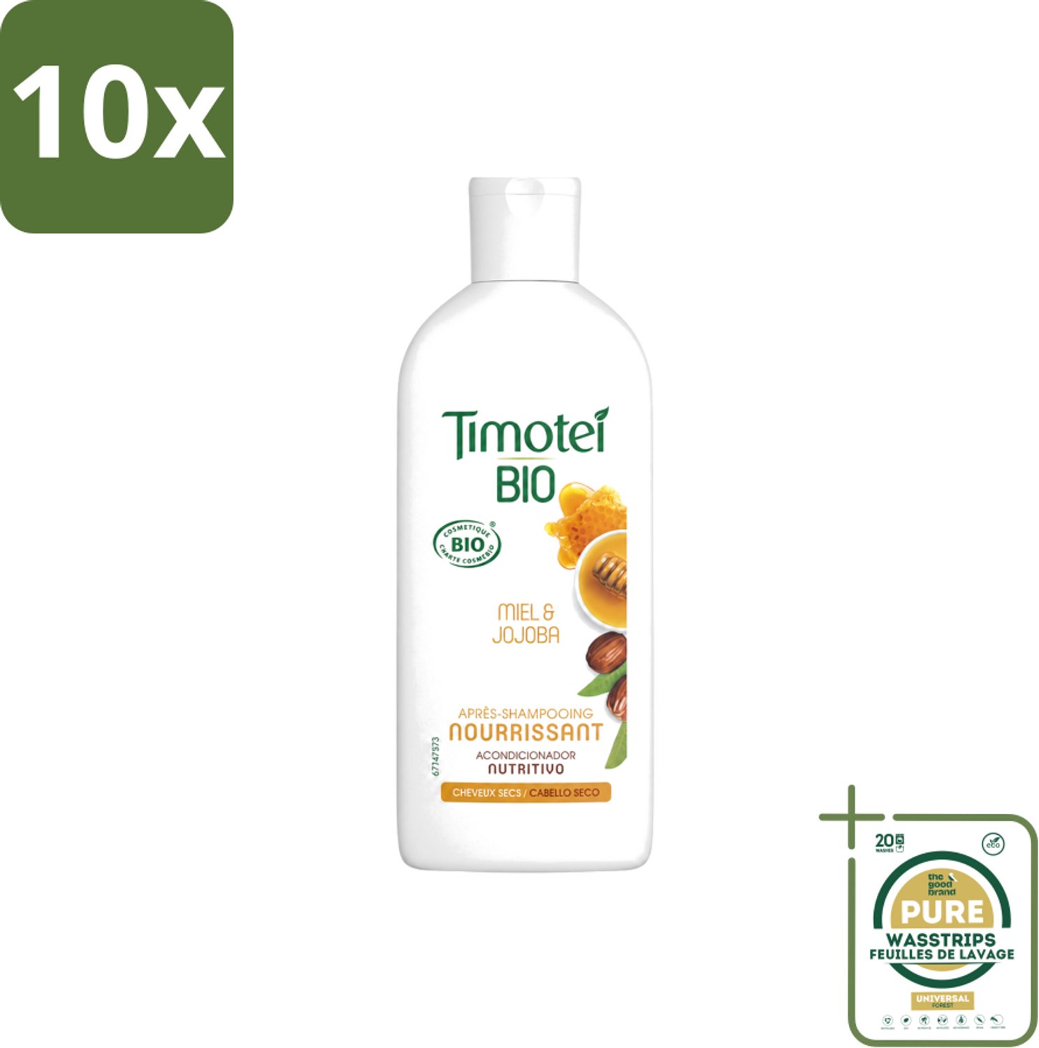 10 x Timotei - Crèmespoeling - Honing & Jojoba - Biologisch - Droog Haar & Droge Hoofdhuid - 250 ml - Wasstrips - Crèmespoeling - Droog Haar - Droge Hoofdhuid - Honing - Jojoba-olie