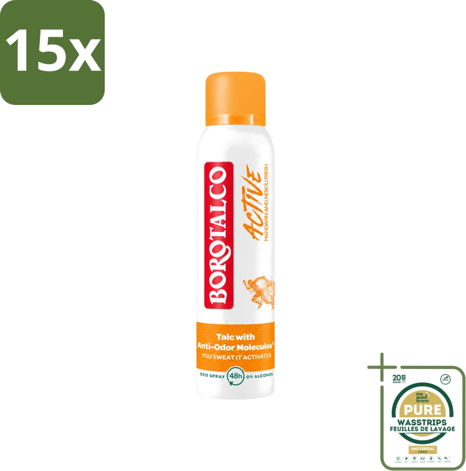 15 x Borotalco - Deodorant Spray - Active - Mandarin & Neroli Fresh - 0% Alcohol - 150 ml - Wasstrips - Deodorant Spray - Mandarijn En Neroli - Geur - Transpiratie - Geurvervoeging