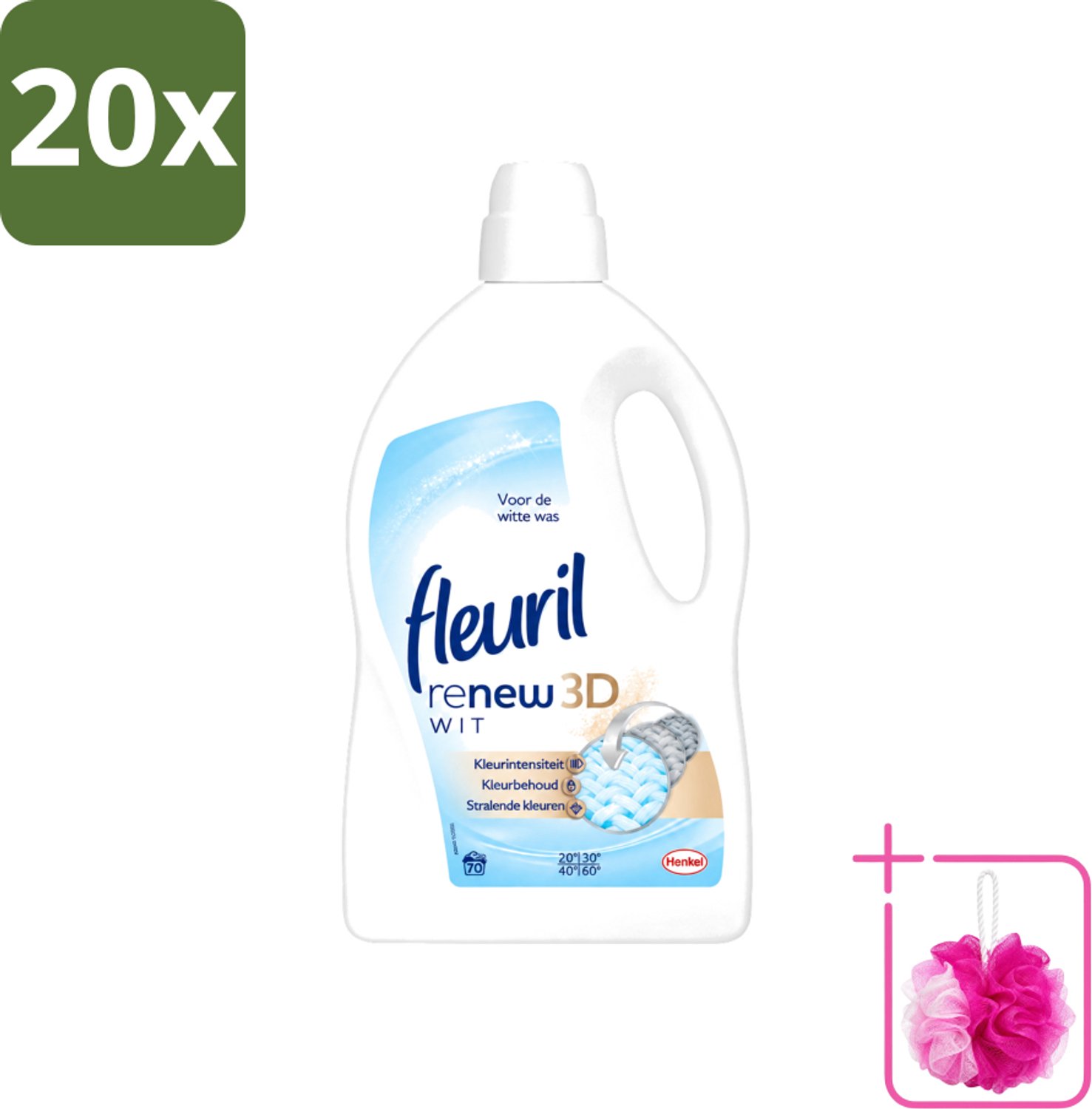 20 x Fleuril - Renew 3D - Vloeibaar Wasmiddel - Witte Was - 70 Wasbeurten - Bulkverpakking - Wasmiddel Witte Was - Douchemop - Witte Was