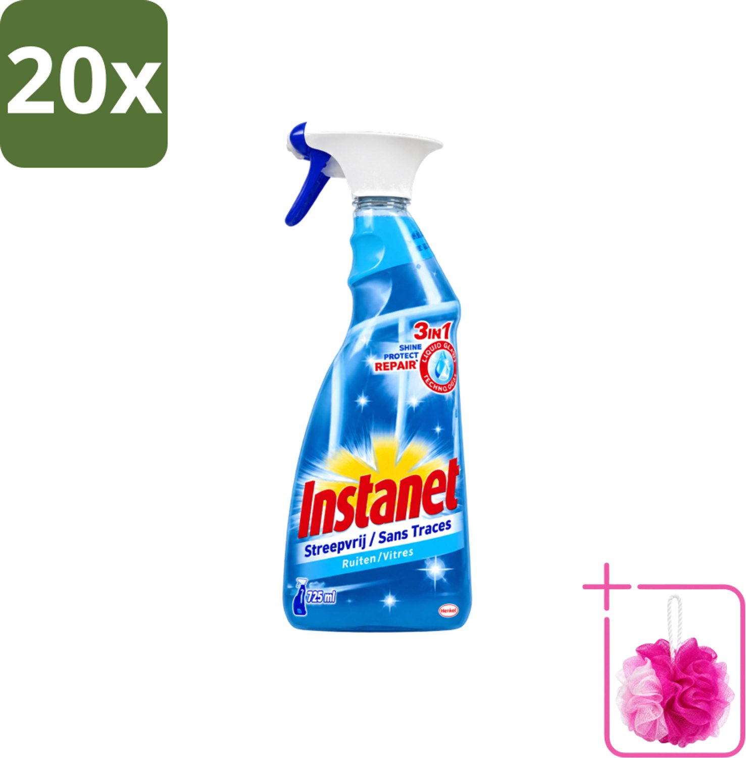 20 x Instanet - Ruitenreiniger - Streepvrij - 3in1 Spray - 725 ml - Bulkverpakking - Ruitenreiniger - Douchemop - Streepvrije ruiten