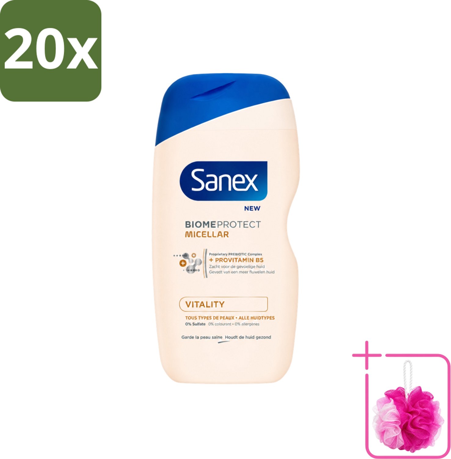 20 x Sanex - BiomeProtect Micellair - Douchegel - Vitaliteit - 0% Sulfaat - Alle Huidtypes - 400 ml - Bulkverpakking - Huid reinigen - Douchemop - Micellaire douchegel