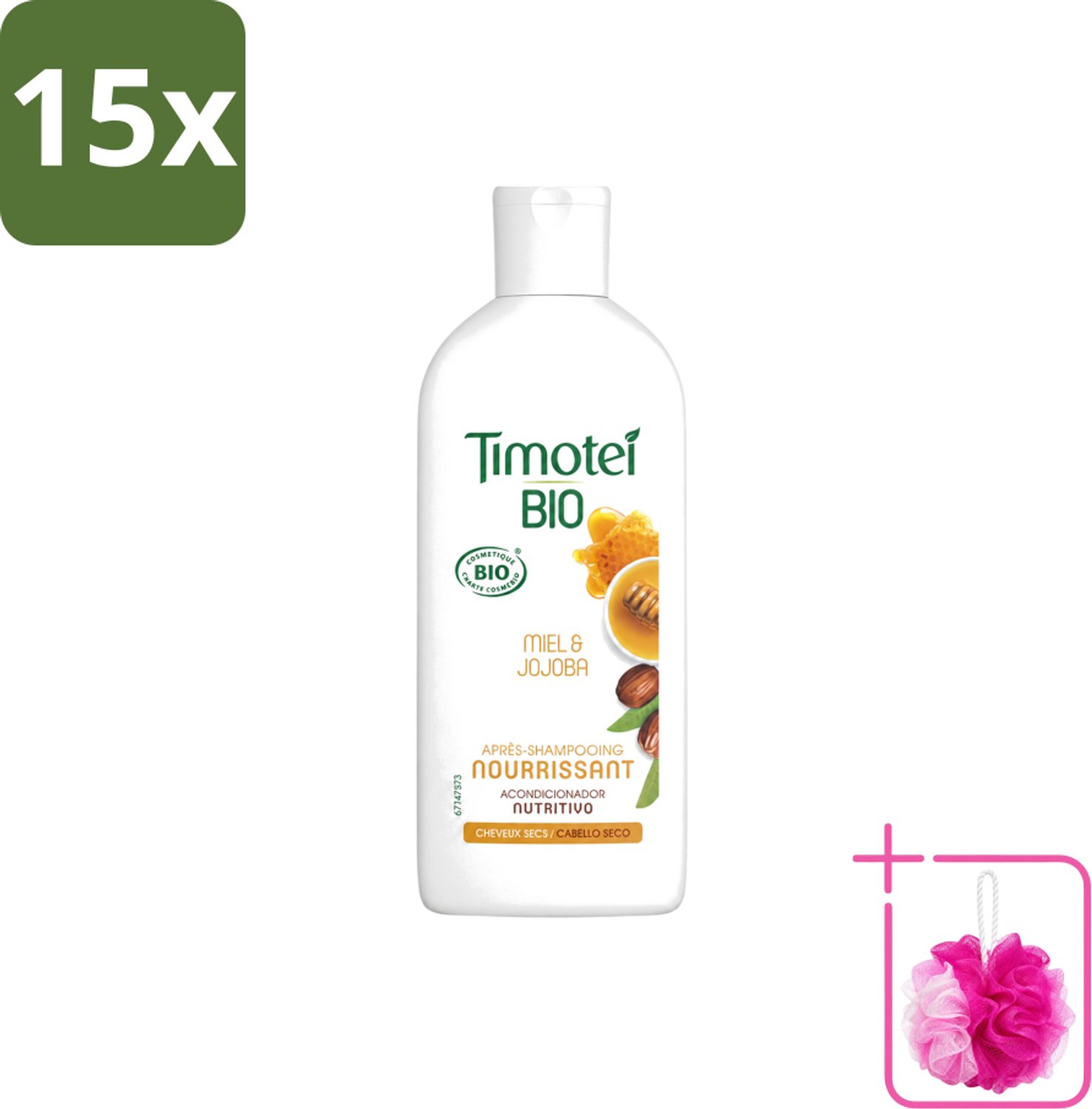 15 x Timotei - Crèmespoeling - Honing & Jojoba - Biologisch - Droog Haar & Droge Hoofdhuid - 250 ml - Bulkverpakking - Crèmespoeling - Douchemop - Droog haar