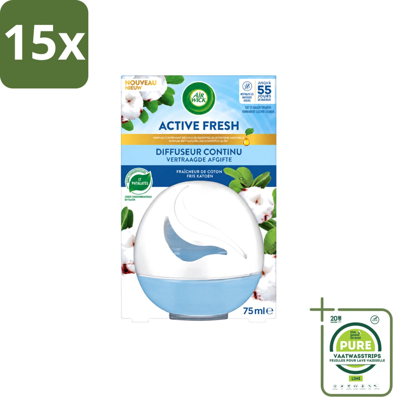 15 x Air Wick – Luchtverfrisser – Deco Sphere Katoen – 75 ml - Grootverpakking - Vaatwasstrips - Luchtverfrisser - Katoen Geur - Frisse Geur - Geur Neutraliseren - Geur In Badkamer