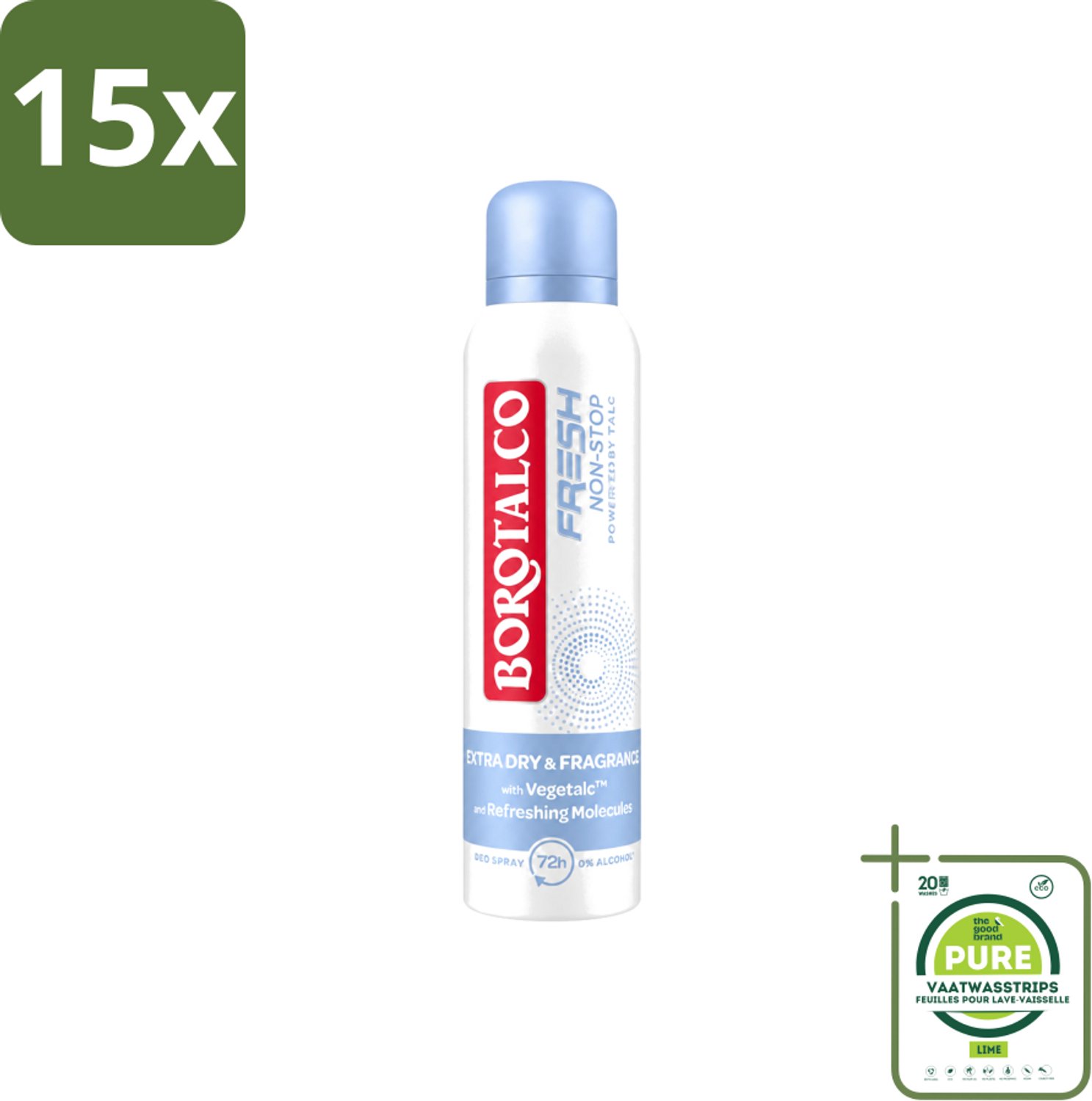 15 x Borotalco – Deodorant Spray – Fresh Non-Stop – 150 ml - Grootverpakking - Vaatwasstrips - Frisheid - Zweetbestendig - Menthol - Koel Gevoel - Deodorant Spray