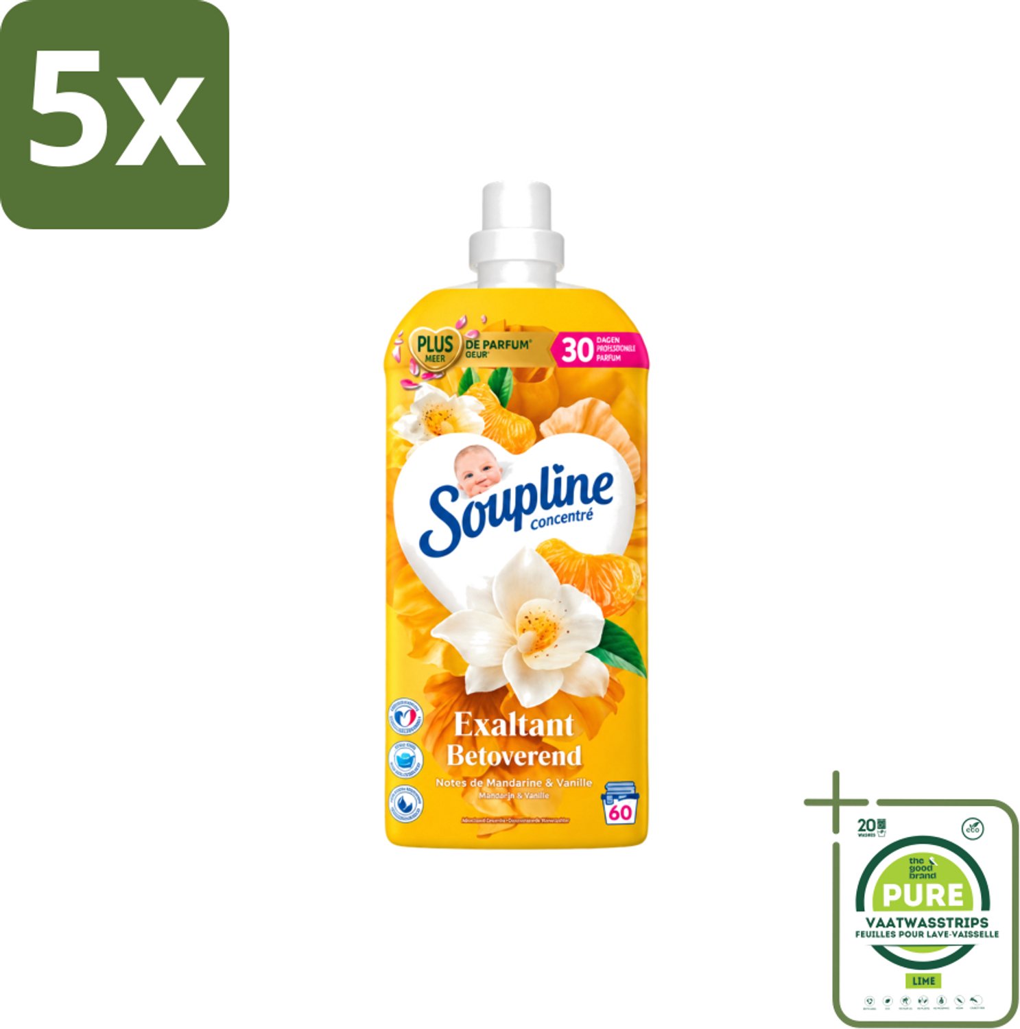 5 x Soupline – Wasverzachter – Betoverend Mandarijn & Vanille – 1,28 L - Grootverpakking - Vaatwasstrips - Wasverzachter - Wasverzachter Mandarijn En Vanille - Wasverzachter Betoverend - Wasverzachter Voor Kleding - Wasverzachter Voor Was