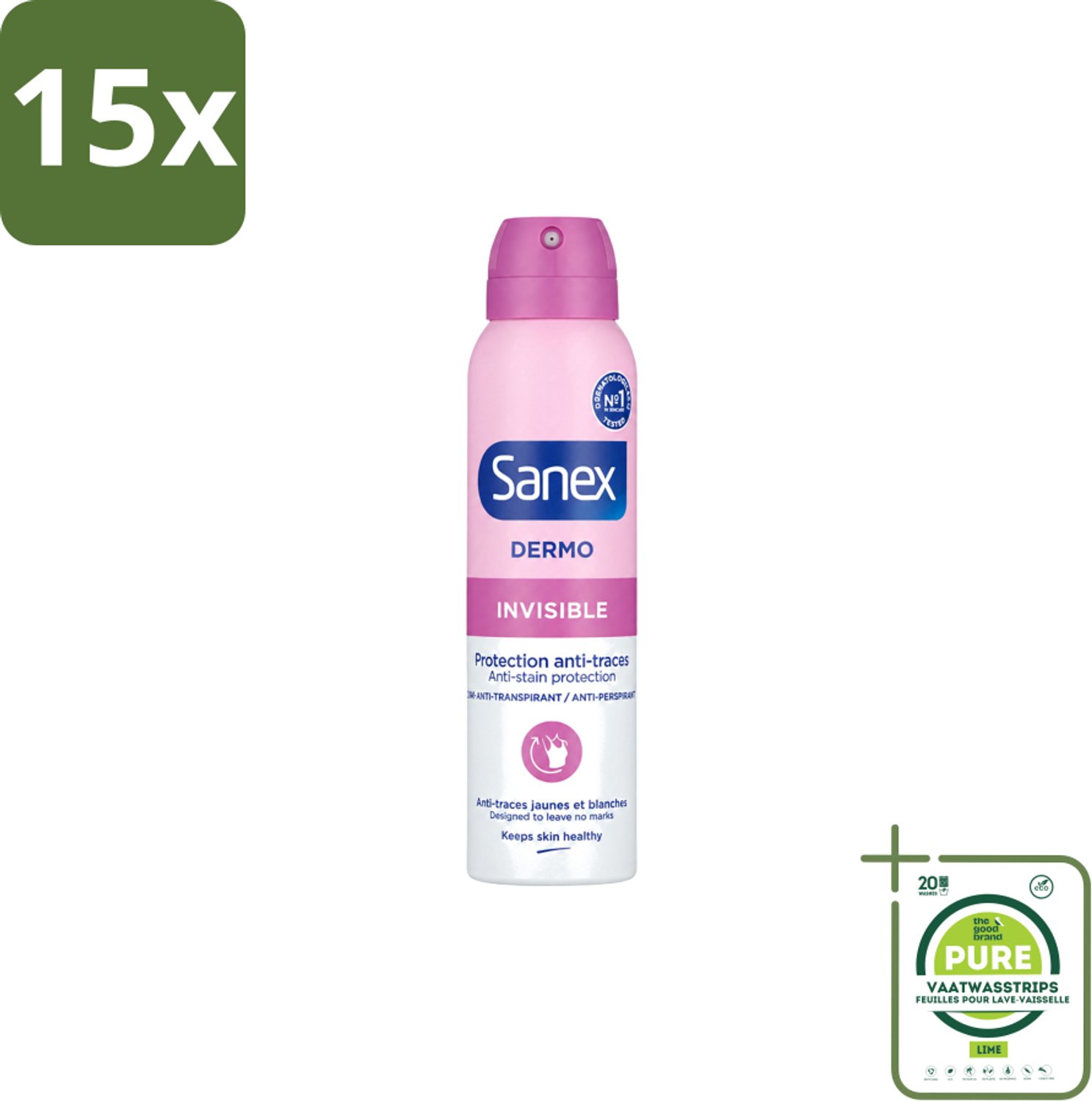 15 x Sanex – Deodorant Spray – Dermo Invisible – 150 ml - Grootverpakking - Vaatwasstrips - Onzezichtbare Deodorant - Deodorant Spray - Transpiratieregulatie - Huidbescherming - Strepenvoorkomend